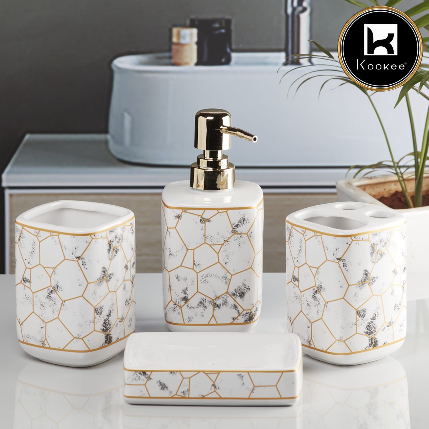 Kookee Ceramic Bathroom Accessories Set of 4, Modern Bath Set with Liquid handwash Soap Dispenser and Toothbrush holder, Luxury Gift Accessory for Home, White/Gold