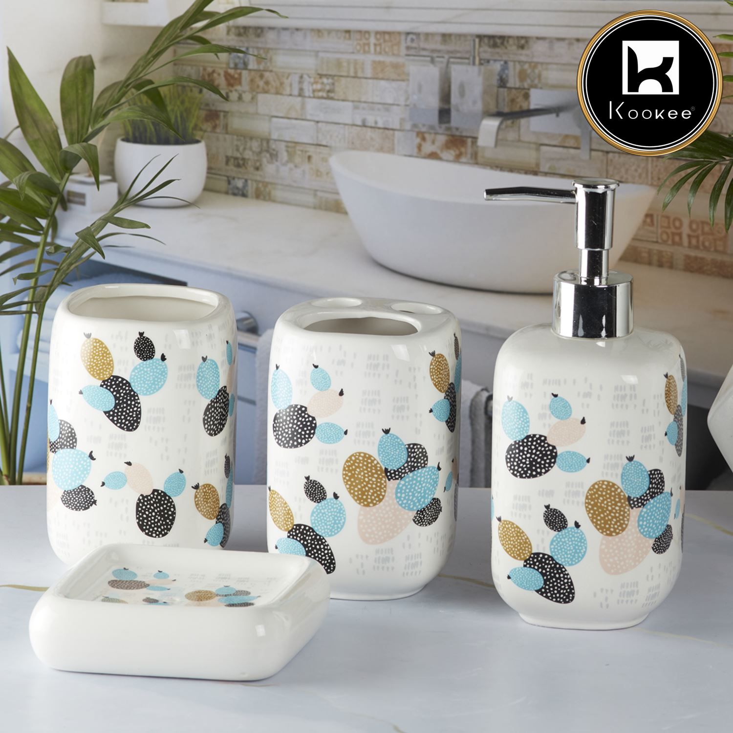 Ceramic Bathroom Accessories Set of 4 with Soap Dispenser (9899)