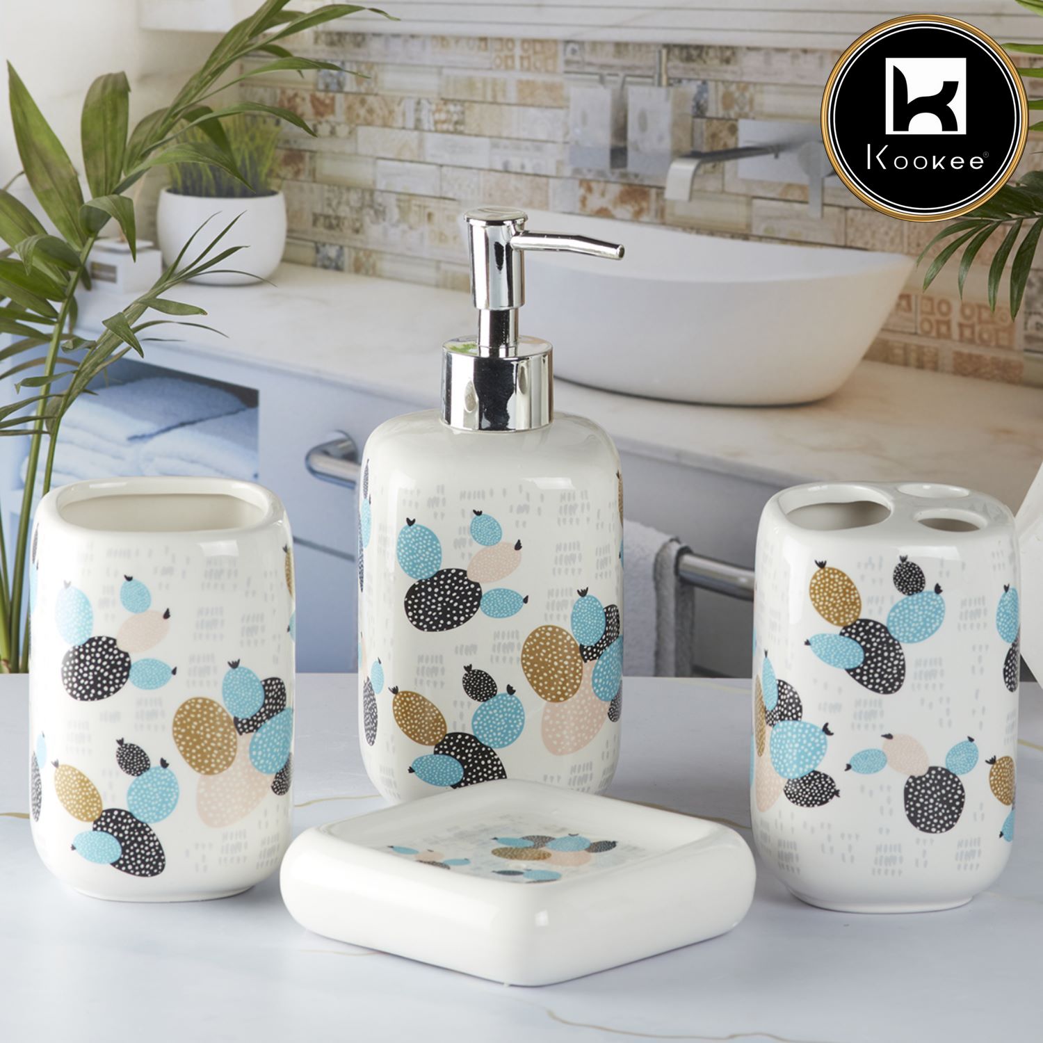 Kookee Ceramic Bathroom Accessories Set of 4, Modern Bath Set with Liquid handwash Soap Dispenser and Toothbrush holder, Luxury Gift Accessory for Home, Multicolor