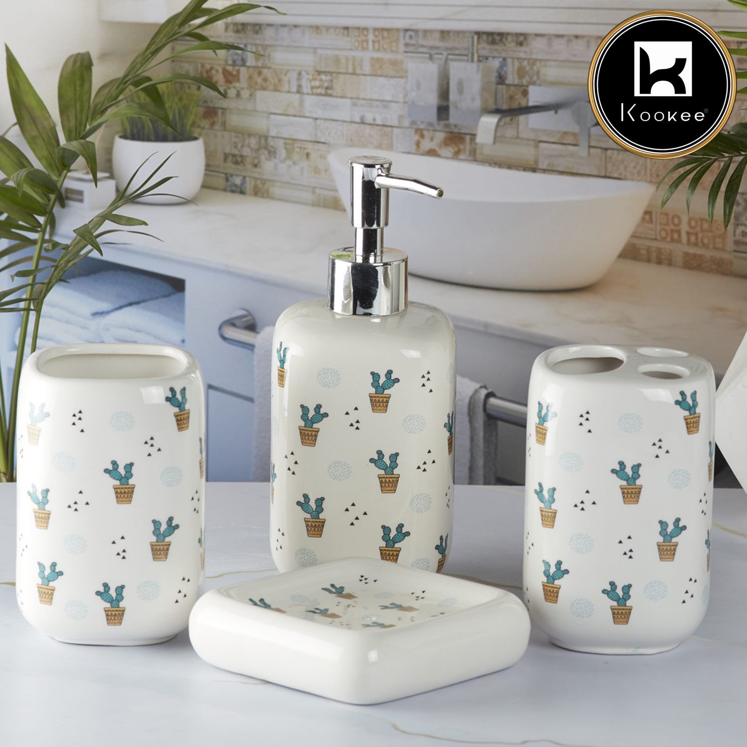 Kookee Ceramic Bathroom Accessories Set of 4, Modern Bath Set with Liquid handwash Soap Dispenser and Toothbrush holder, Luxury Gift Accessory for Home, Multicolor