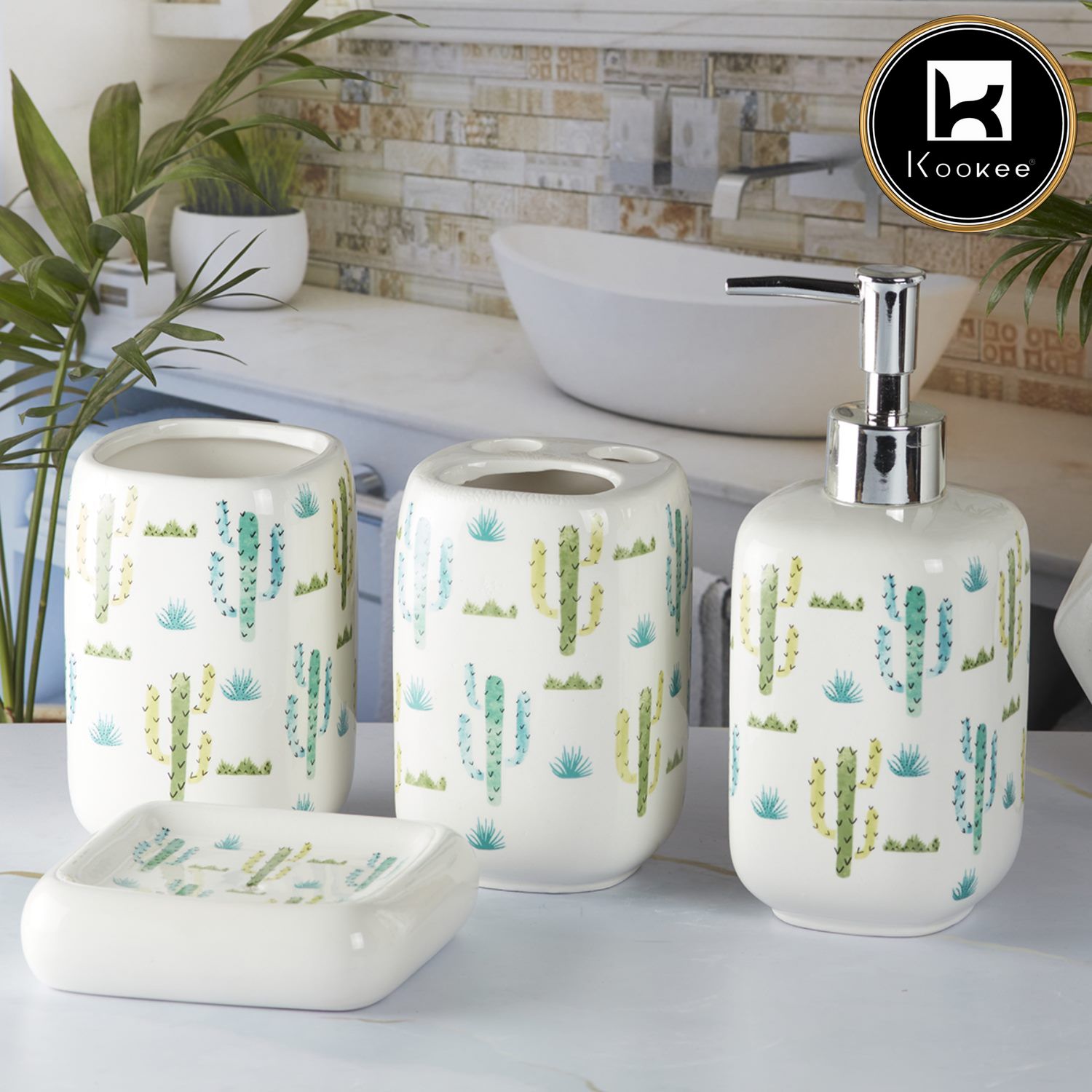 Ceramic Bathroom Accessories Set of 4 with Soap Dispenser (9901)