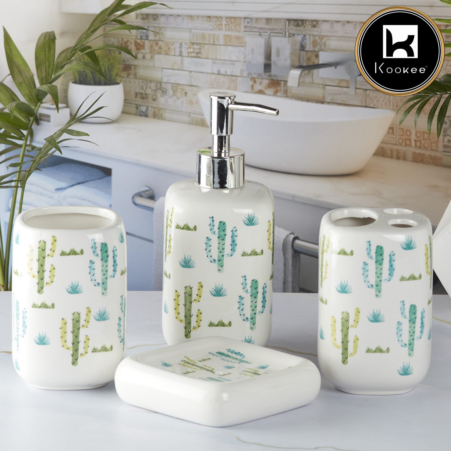 Ceramic Bathroom Accessories Set of 4 with Soap Dispenser (9901)