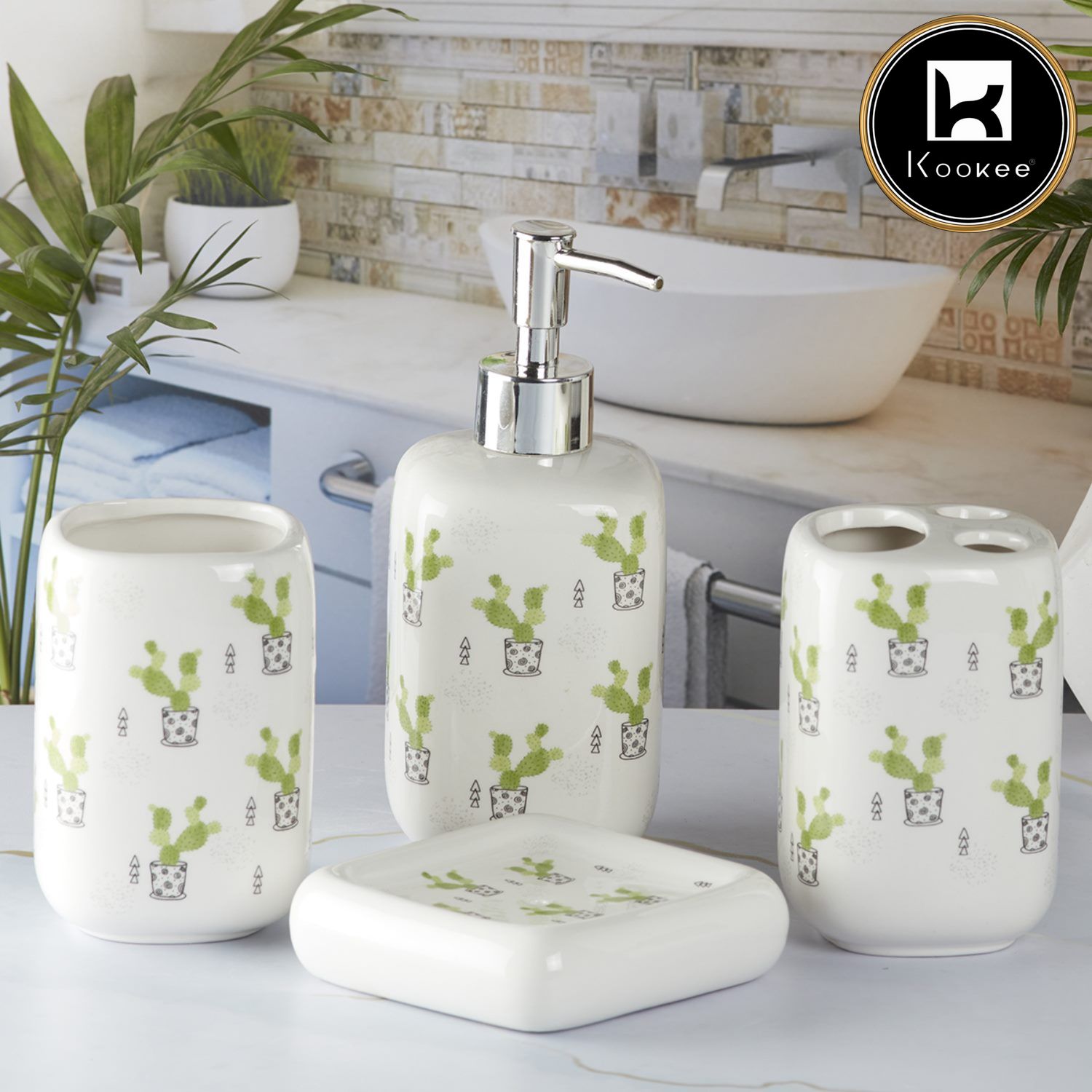 Ceramic Bathroom Accessories Set of 4 with Soap Dispenser (9902)