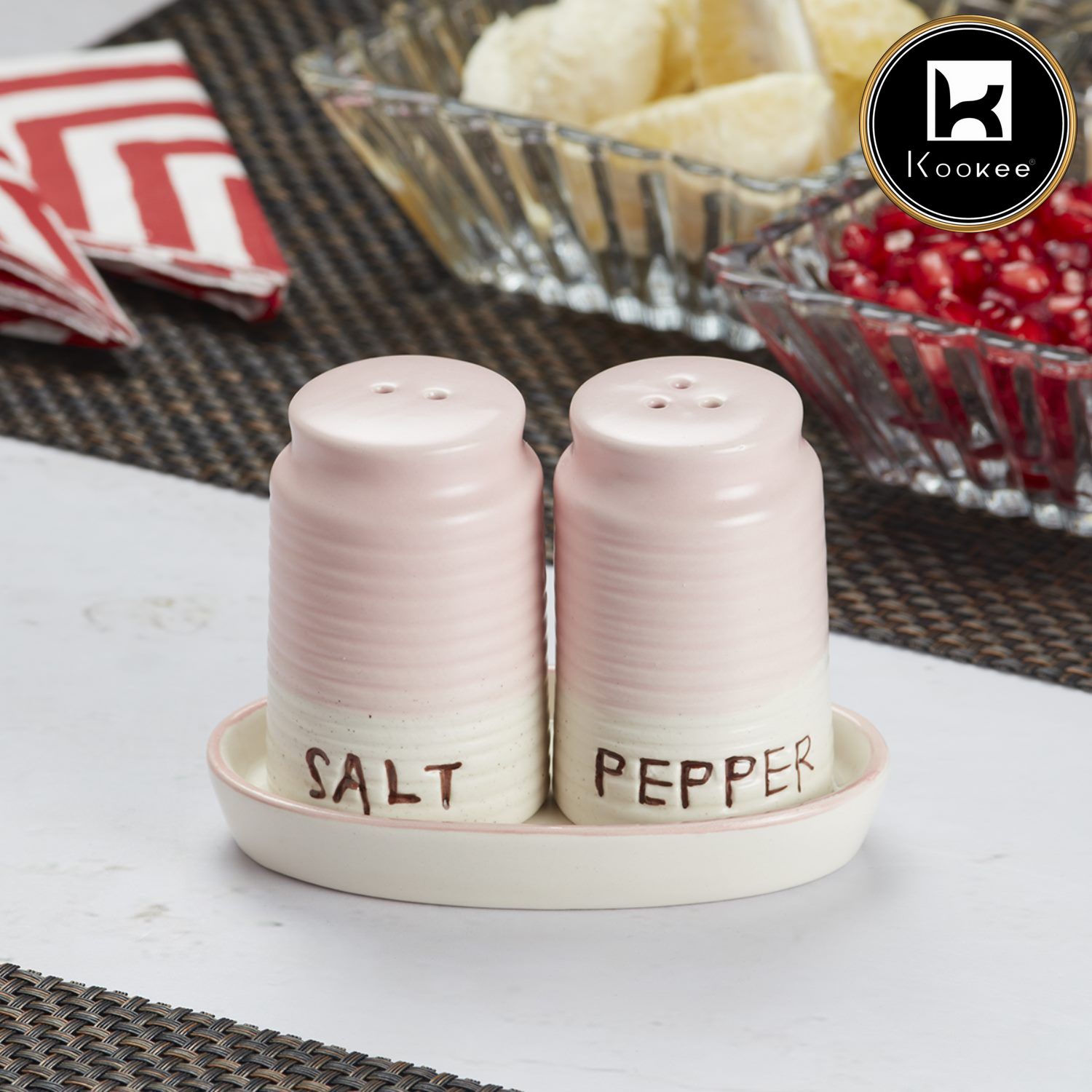 Kookee Ceramic Salt Pepper Container Set with tray (9962)