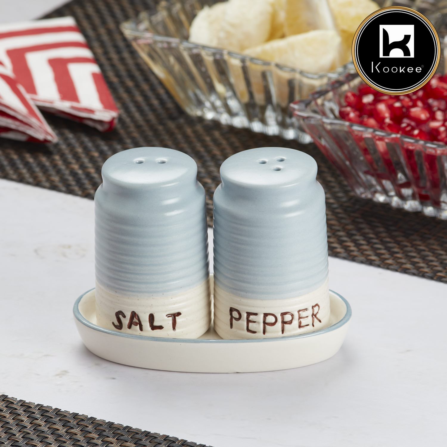Kookee Ceramic Salt Pepper Container Set with tray (9963)