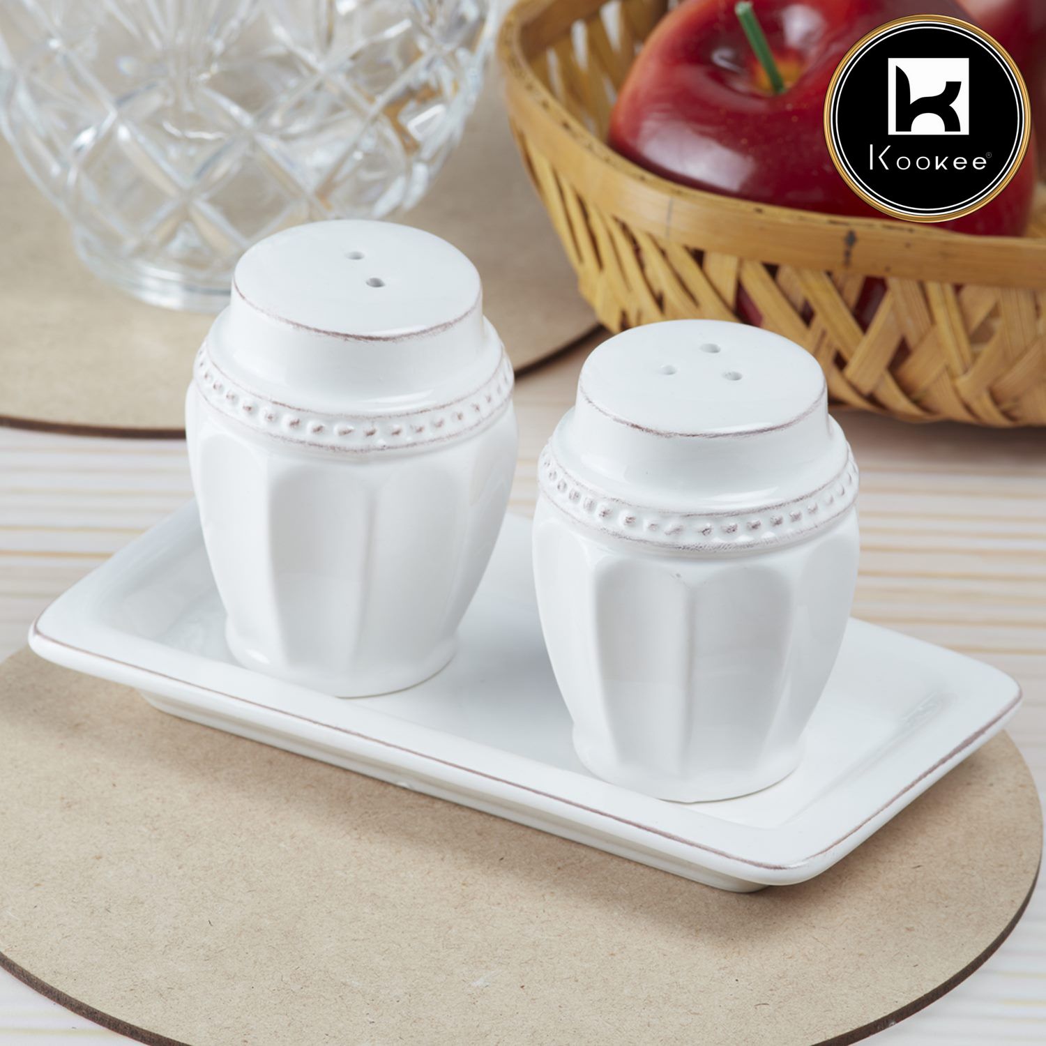 Kookee Ceramic Salt Pepper Container Set with tray (9965)