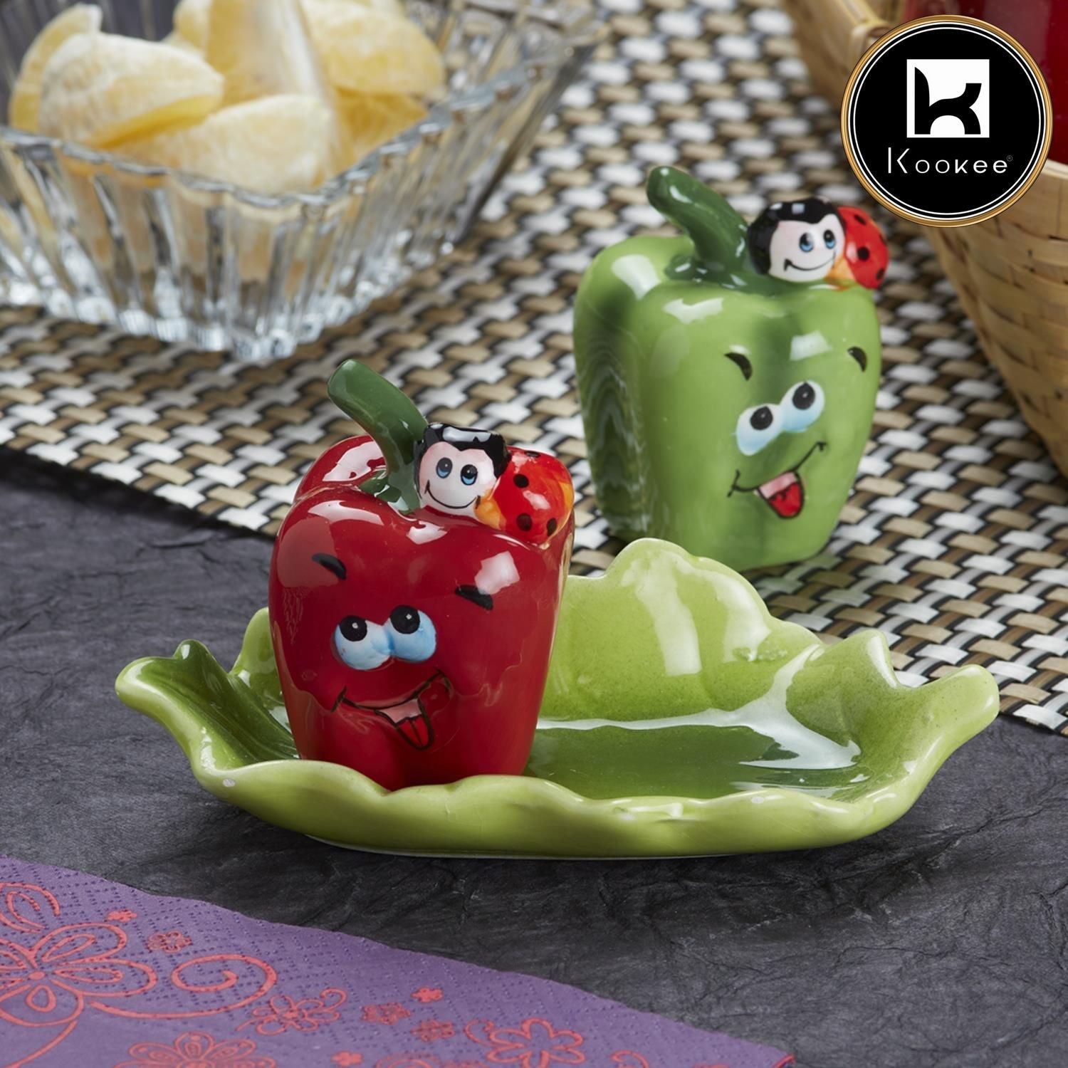 Kookee Ceramic Salt Pepper Container Set with tray (9969)