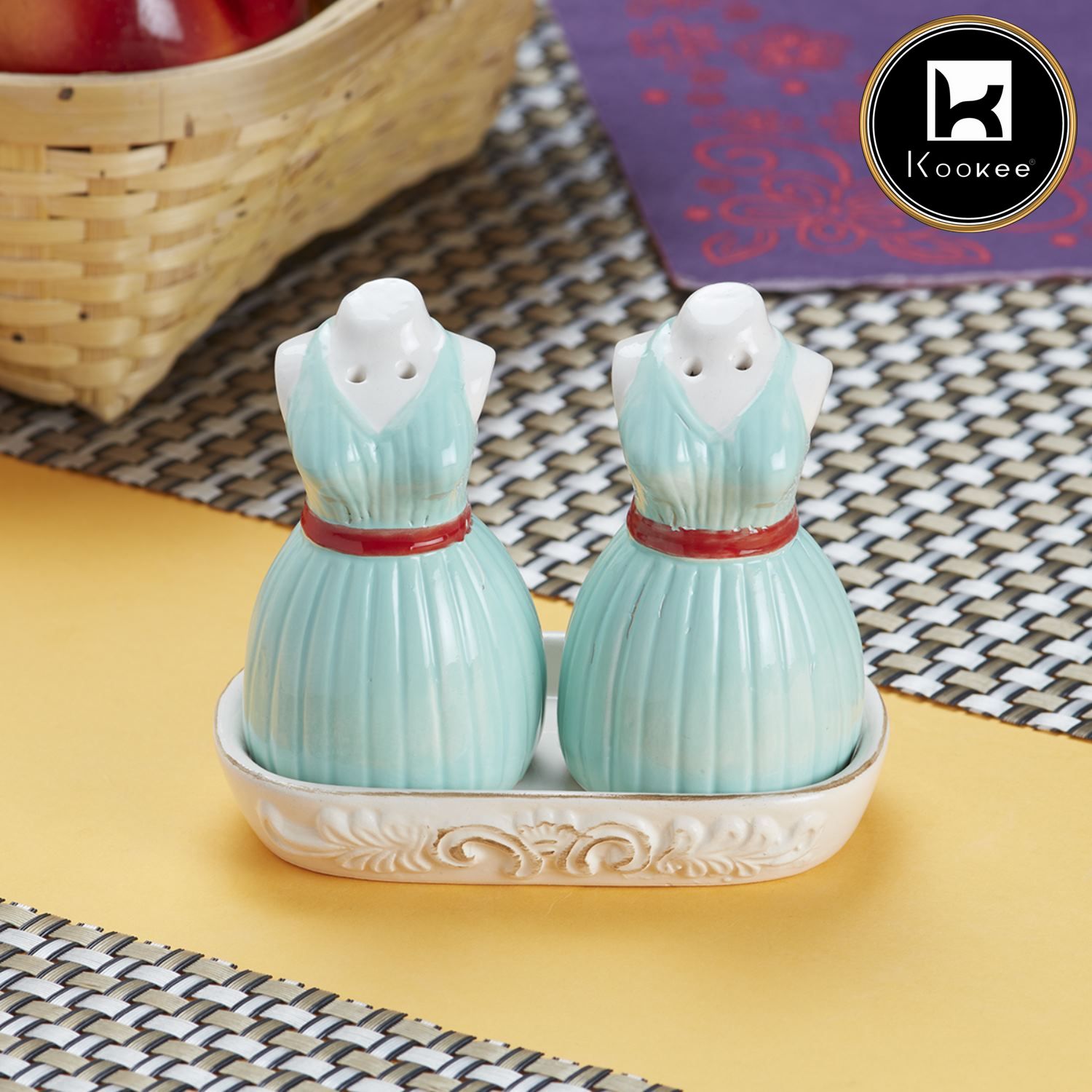 Kookee Ceramic Salt and Pepper Shakers Set with tray for Dining Table used as Namak Dhani, Shaker, Sprinkler, Spices Dispenser for Home, Kitchen and Restaurant