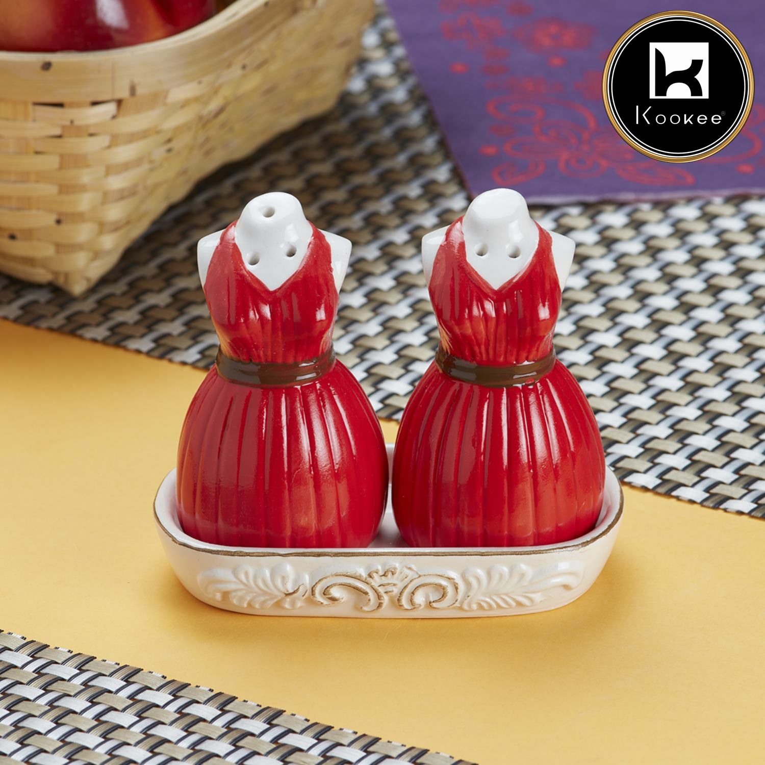 Kookee Ceramic Salt and Pepper Shakers Set with tray for Dining Table used as Namak Dhani, Shaker, Sprinkler, Spices Dispenser for Home, Kitchen and Restaurant