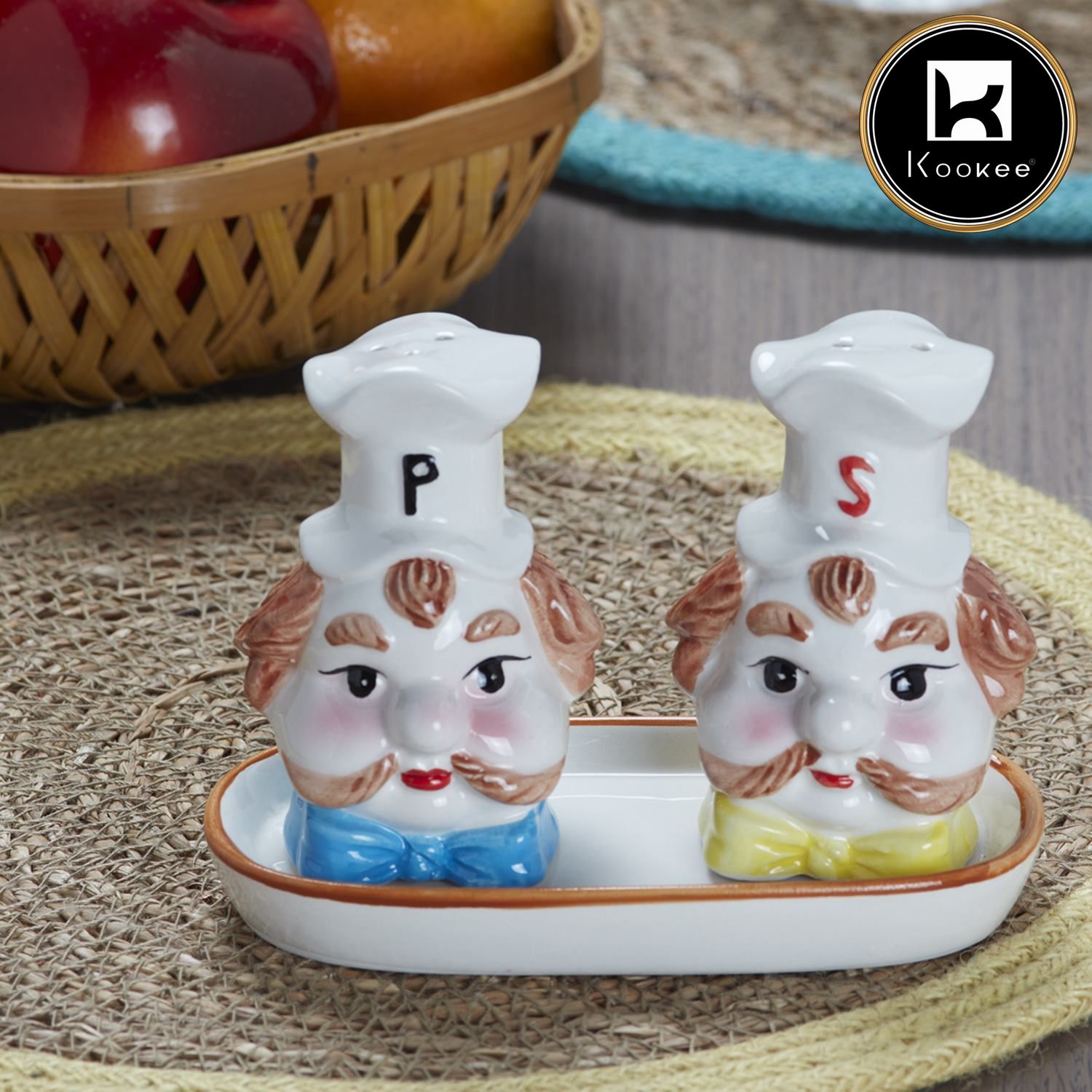 Kookee Ceramic Salt Pepper Container Set with tray (9974)