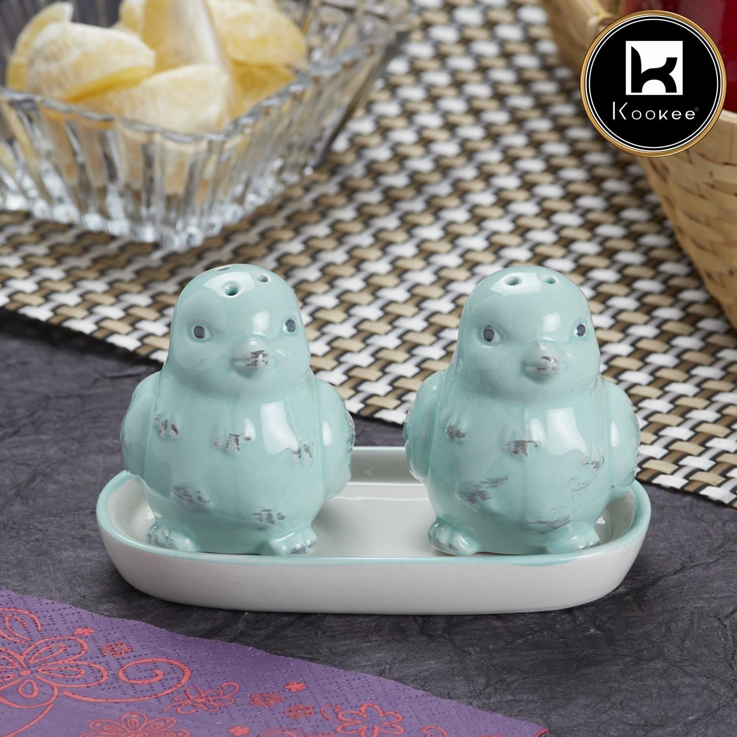 Kookee Ceramic Salt and Pepper Shakers Set with tray for Dining Table used as Namak Dhani, Shaker, Sprinkler, Spices Dispenser for Home, Kitchen and Restaurant