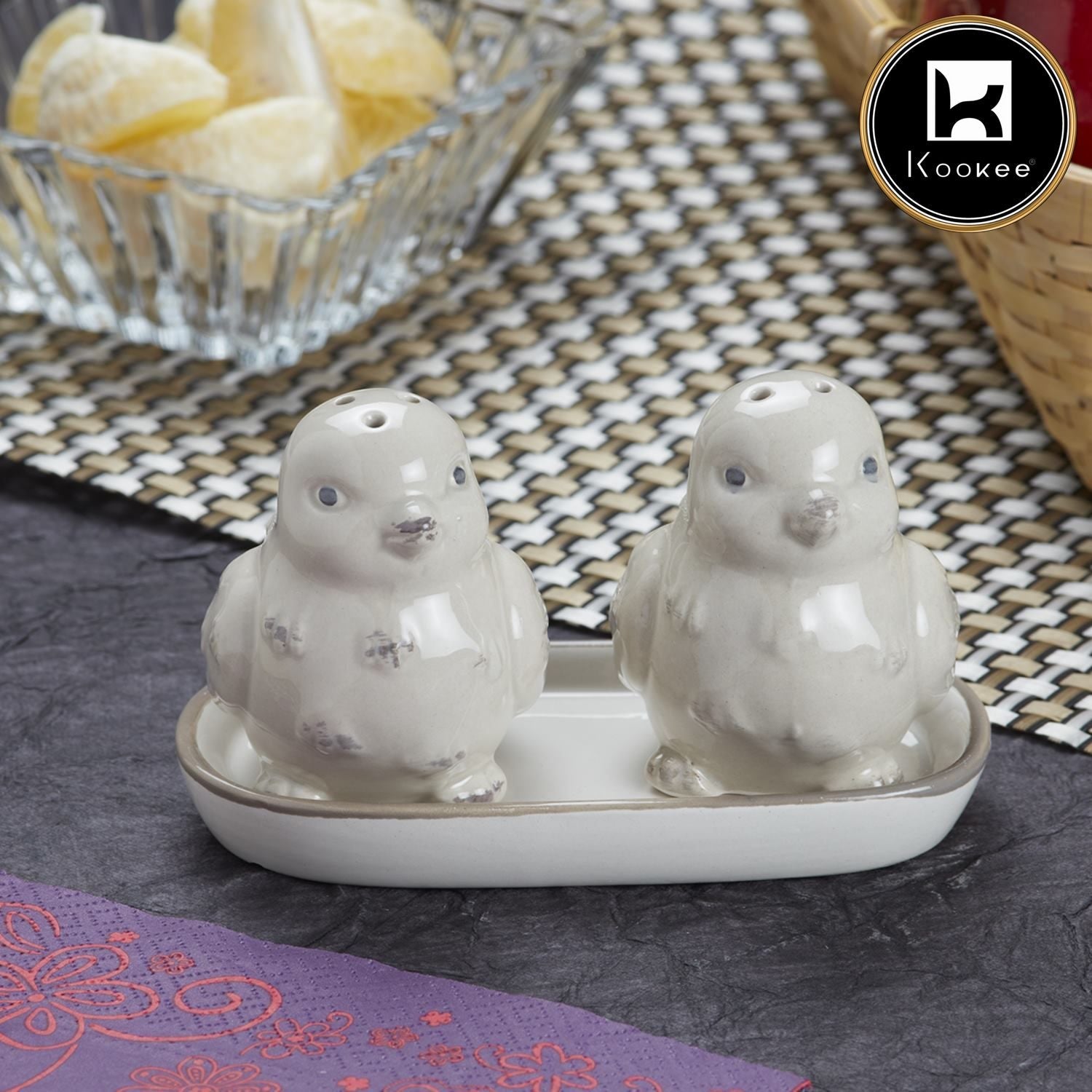 Kookee Ceramic Salt and Pepper Shakers Set with tray for Dining Table used as Namak Dhani, Shaker, Sprinkler, Spices Dispenser for Home, Kitchen and Restaurant