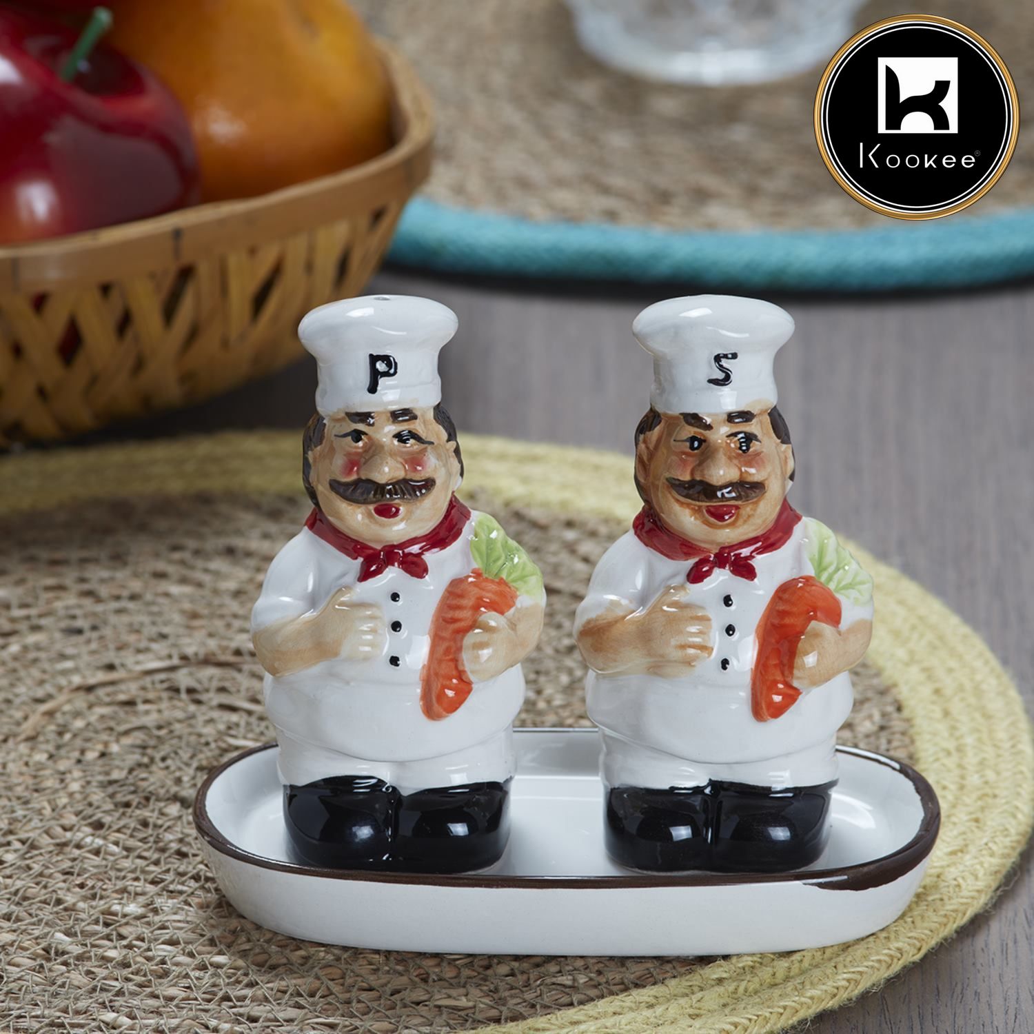 Kookee Ceramic Salt and Pepper Shakers Set with tray for Dining Table used as Namak Dhani, Shaker, Sprinkler, Spices Dispenser for Home, Kitchen and Restaurant