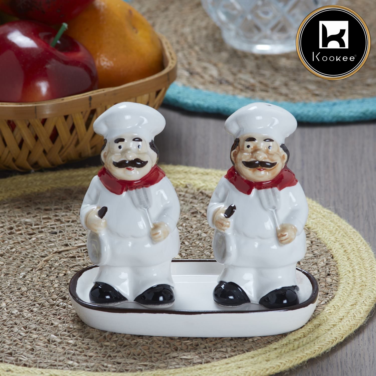 Kookee Ceramic Salt and Pepper Shakers Set with tray for Dining Table used as Namak Dhani, Shaker, Sprinkler, Spices Dispenser for Home, Kitchen and Restaurant