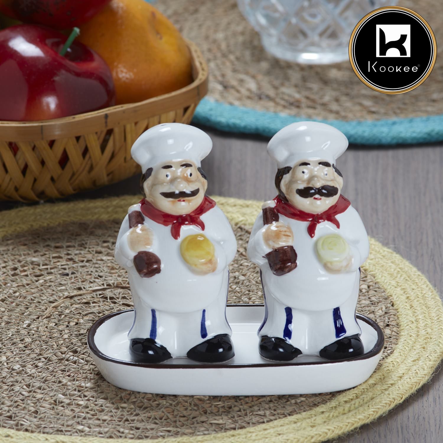 Kookee Ceramic Salt and Pepper Shakers Set with tray for Dining Table used as Namak Dhani, Shaker, Sprinkler, Spices Dispenser for Home, Kitchen and Restaurant