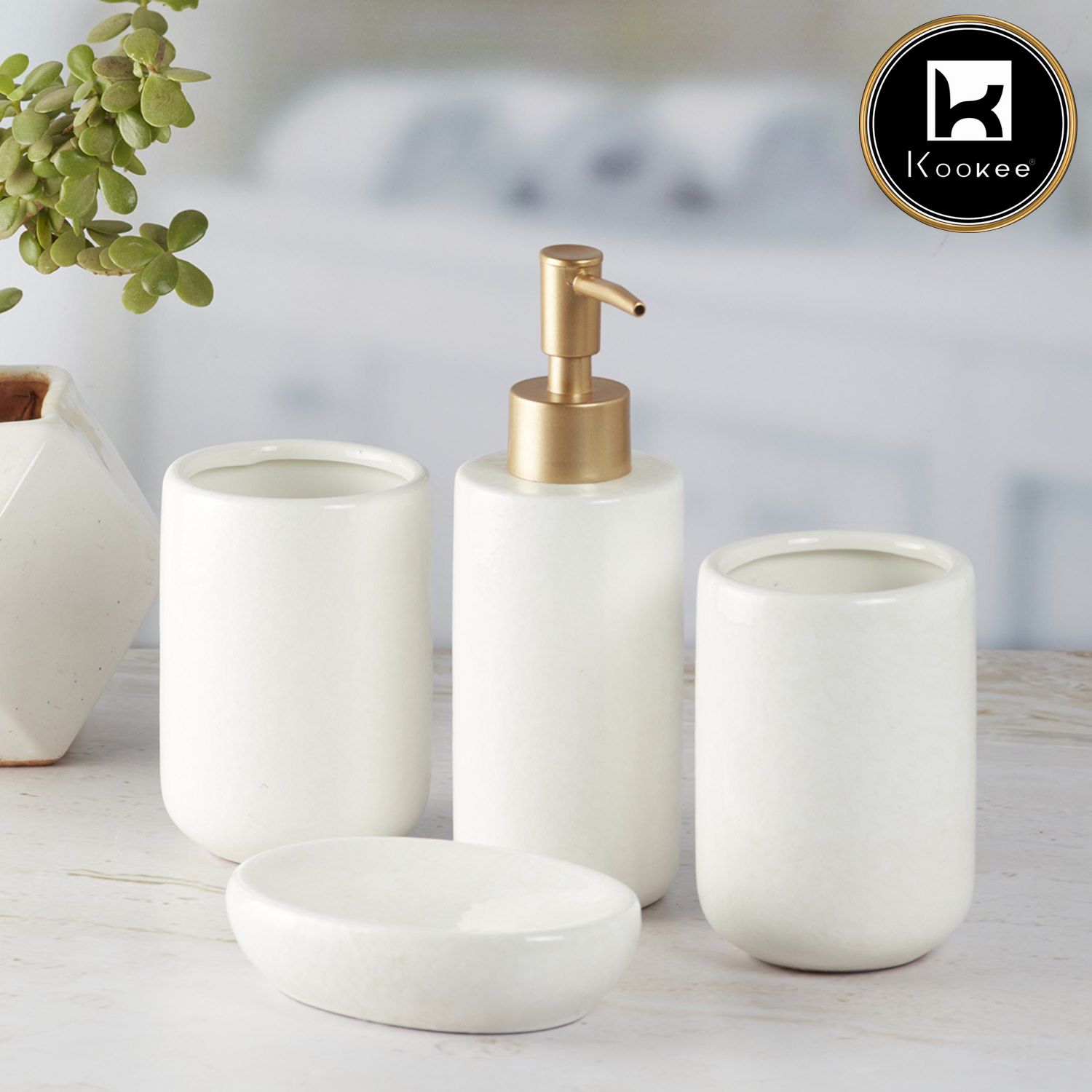 Ceramic Bathroom Set of 4 with Soap Dispenser (10053)