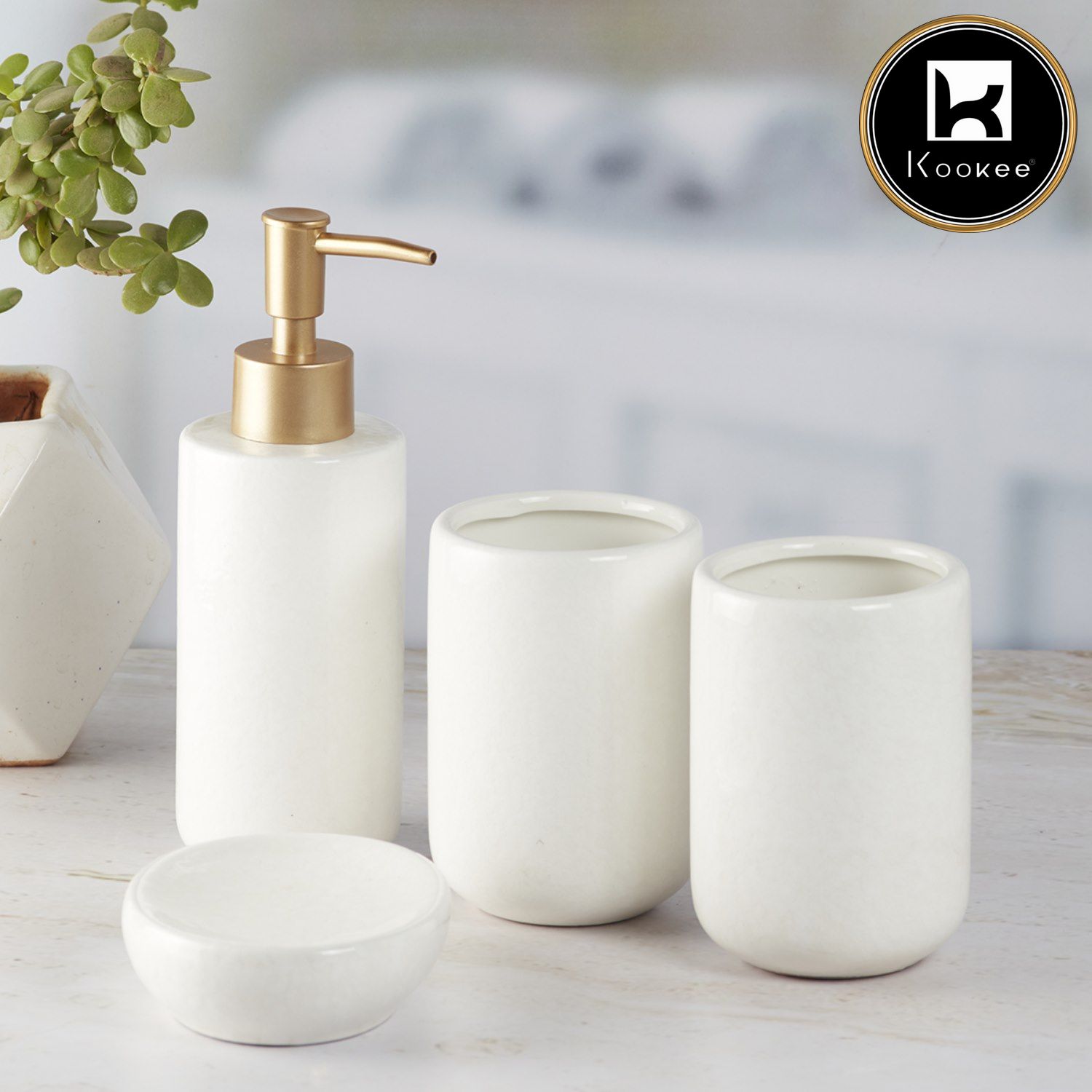 Ceramic Bathroom Set of 4 with Soap Dispenser (10053)