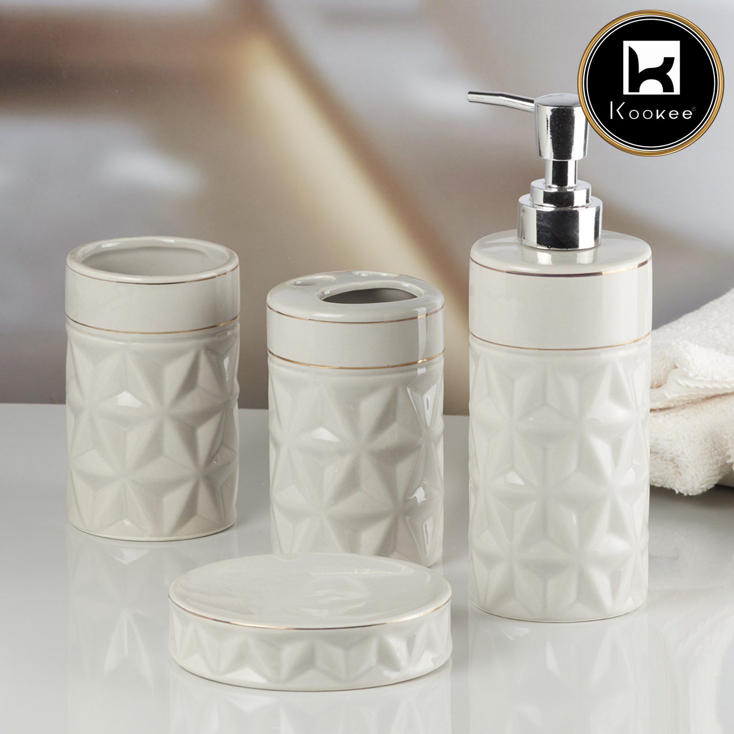 Ceramic Bathroom Accessories Set of 4 with Soap Dispenser (10055)