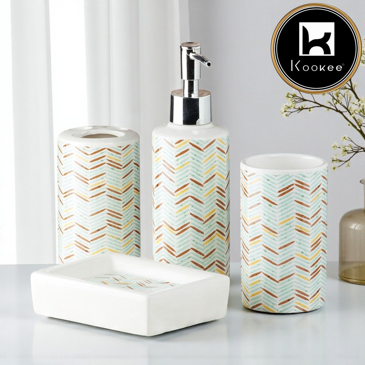 Ceramic Bathroom Set of 4 with Soap Dispenser (10056)