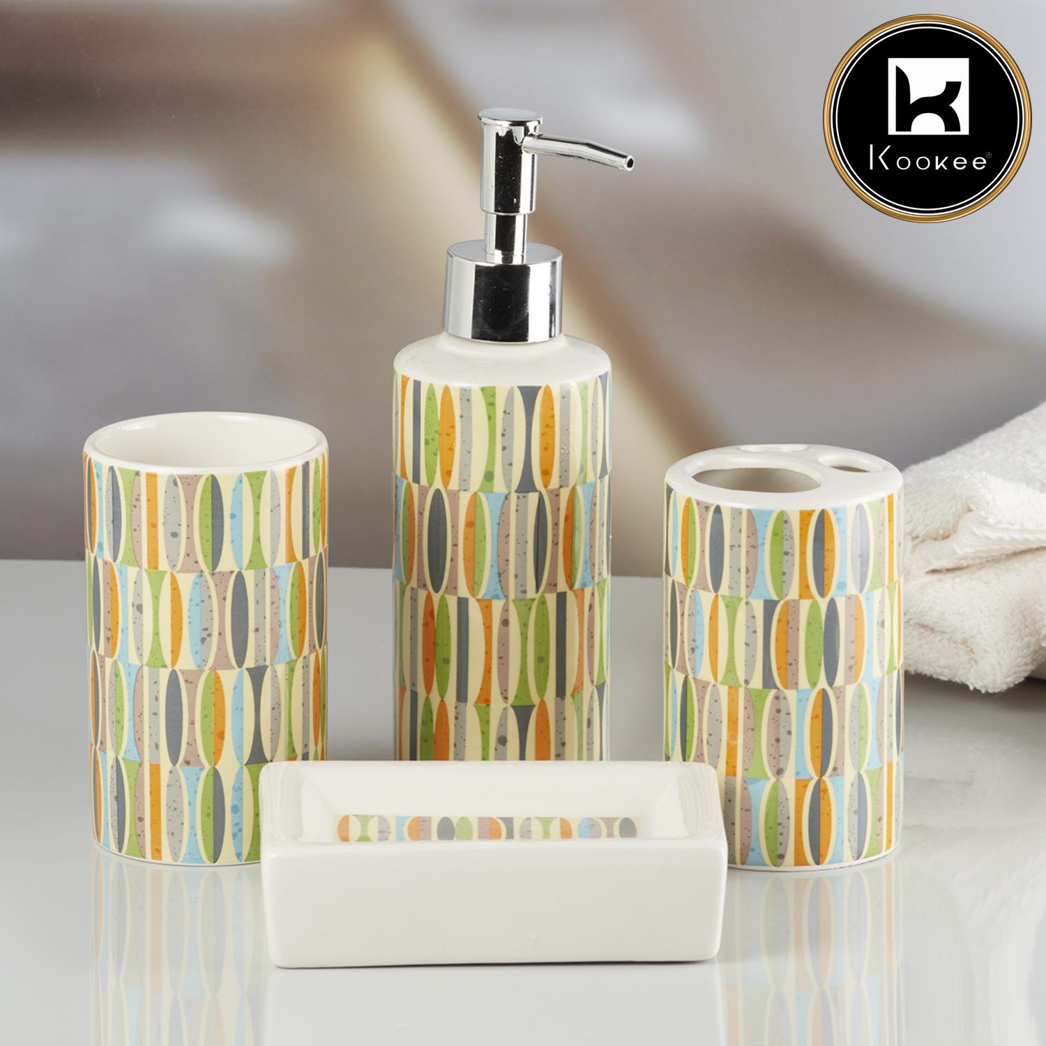 Ceramic Bathroom Set of 4 with Soap Dispenser (10057)