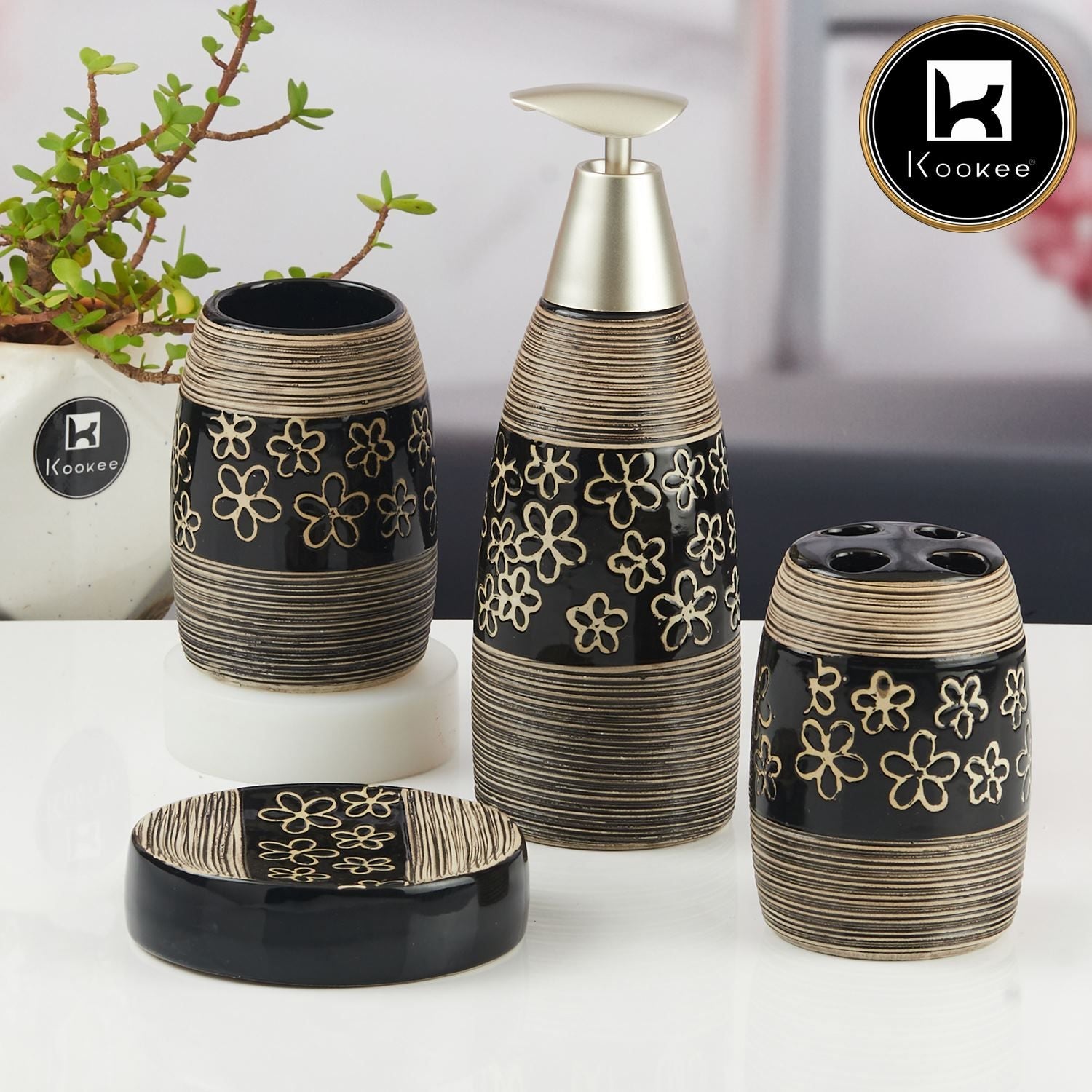 Ceramic Bathroom Accessories Set of 4 with Soap Dispenser (V-CBS-023-2)