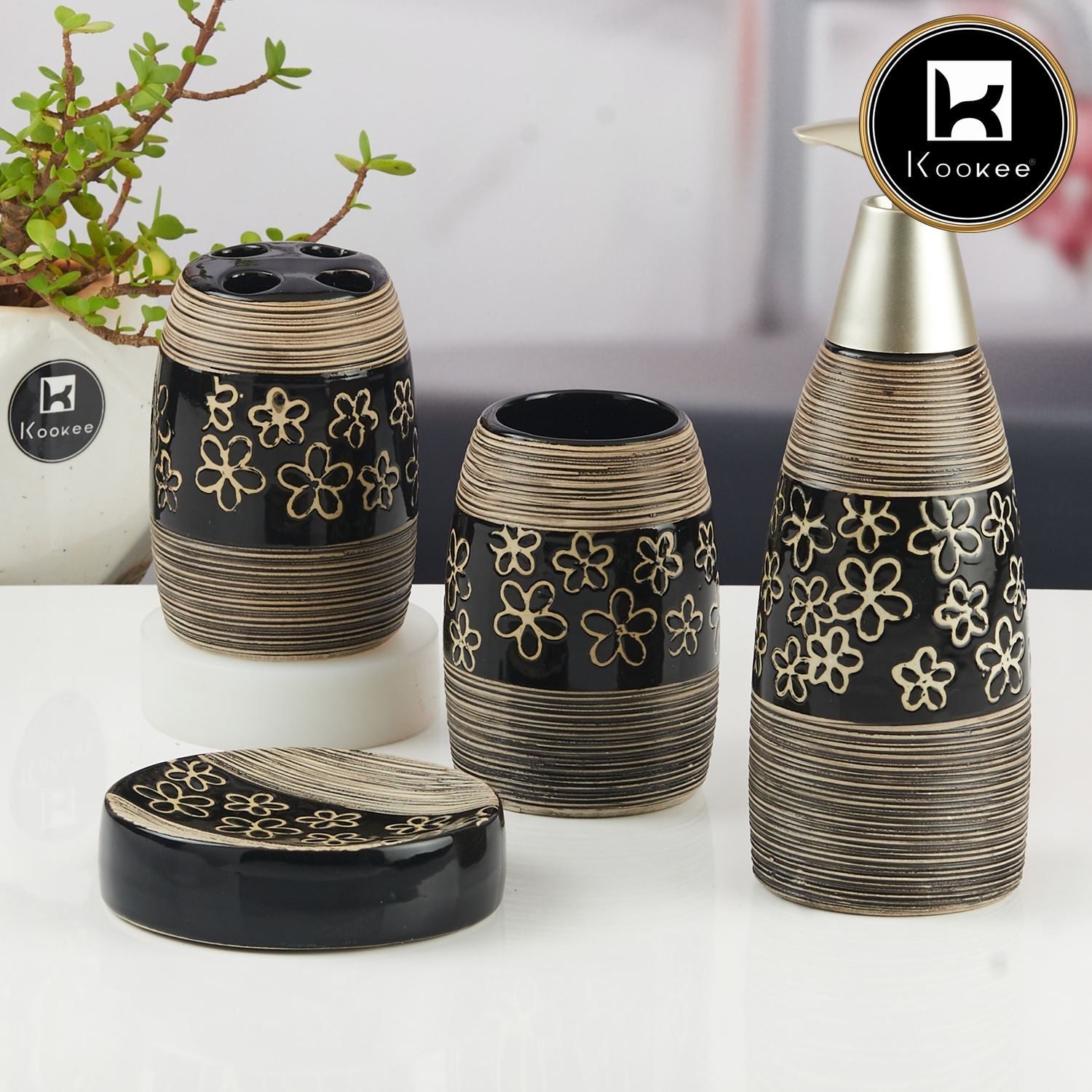 Ceramic Bathroom Accessories Set of 4 with Soap Dispenser (V-CBS-023-2)