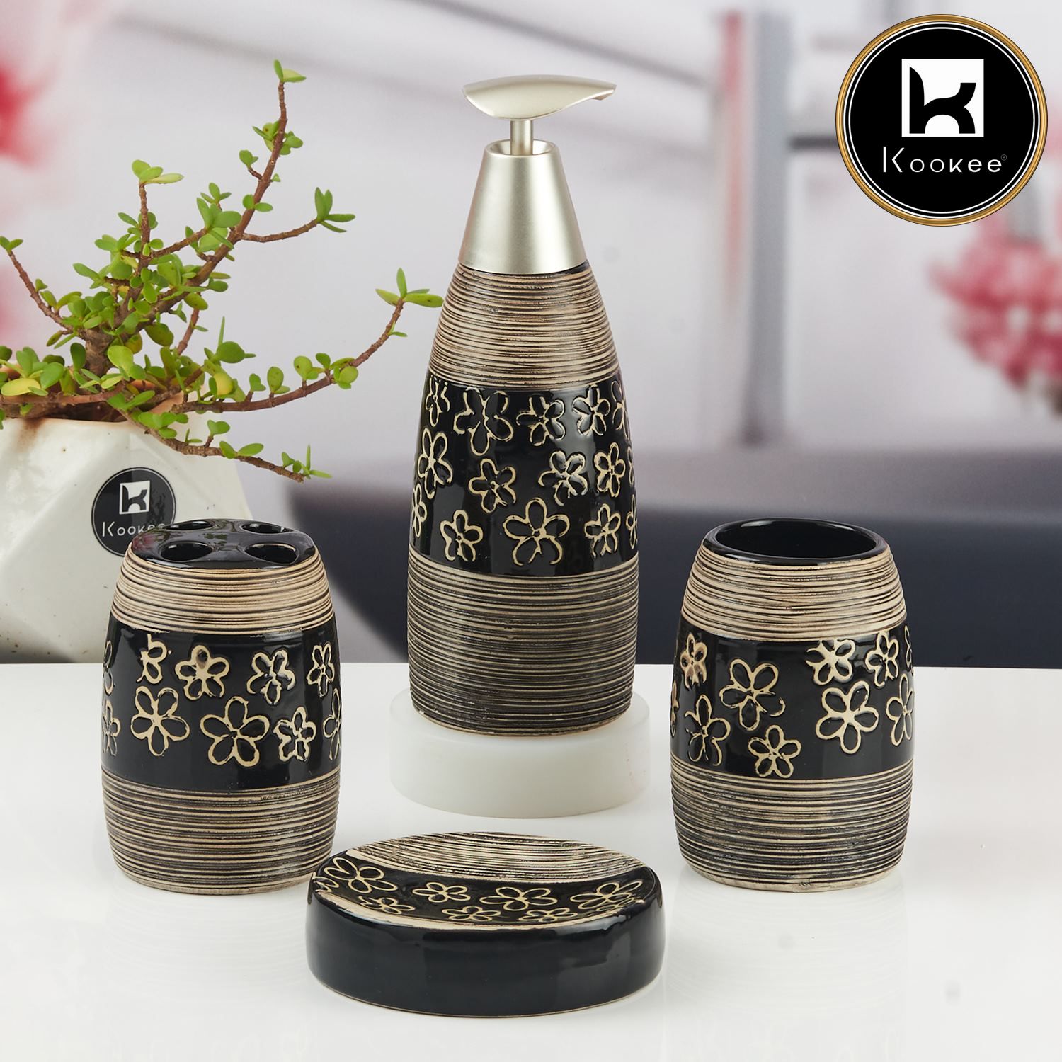 Ceramic Bathroom Accessories Set of 4 with Soap Dispenser (V-CBS-023-2)
