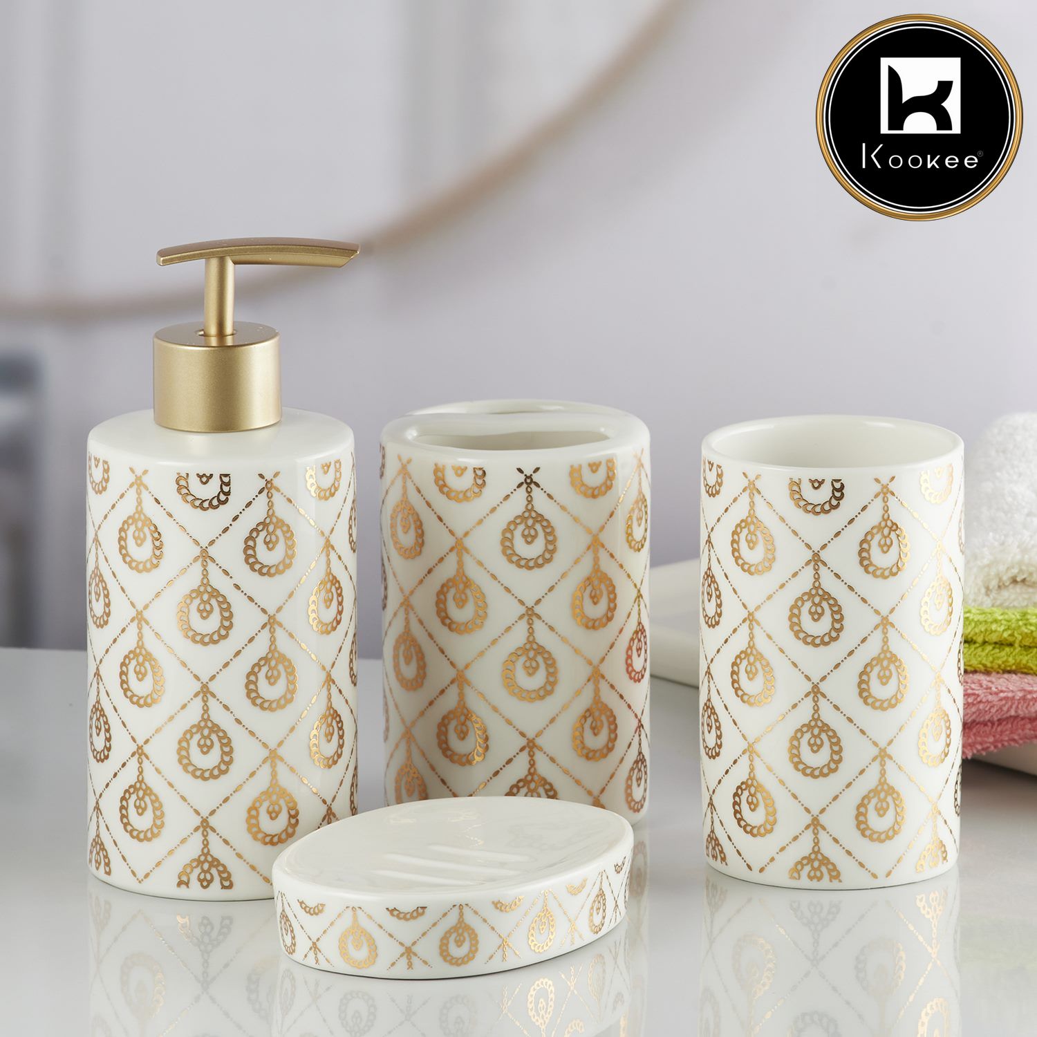 Kookee Ceramic Bathroom Accessories Set of 4, Modern Bath Set with Liquid handwash Soap Dispenser and Toothbrush holder, Luxury Gift Accessory for Home, White/Gold