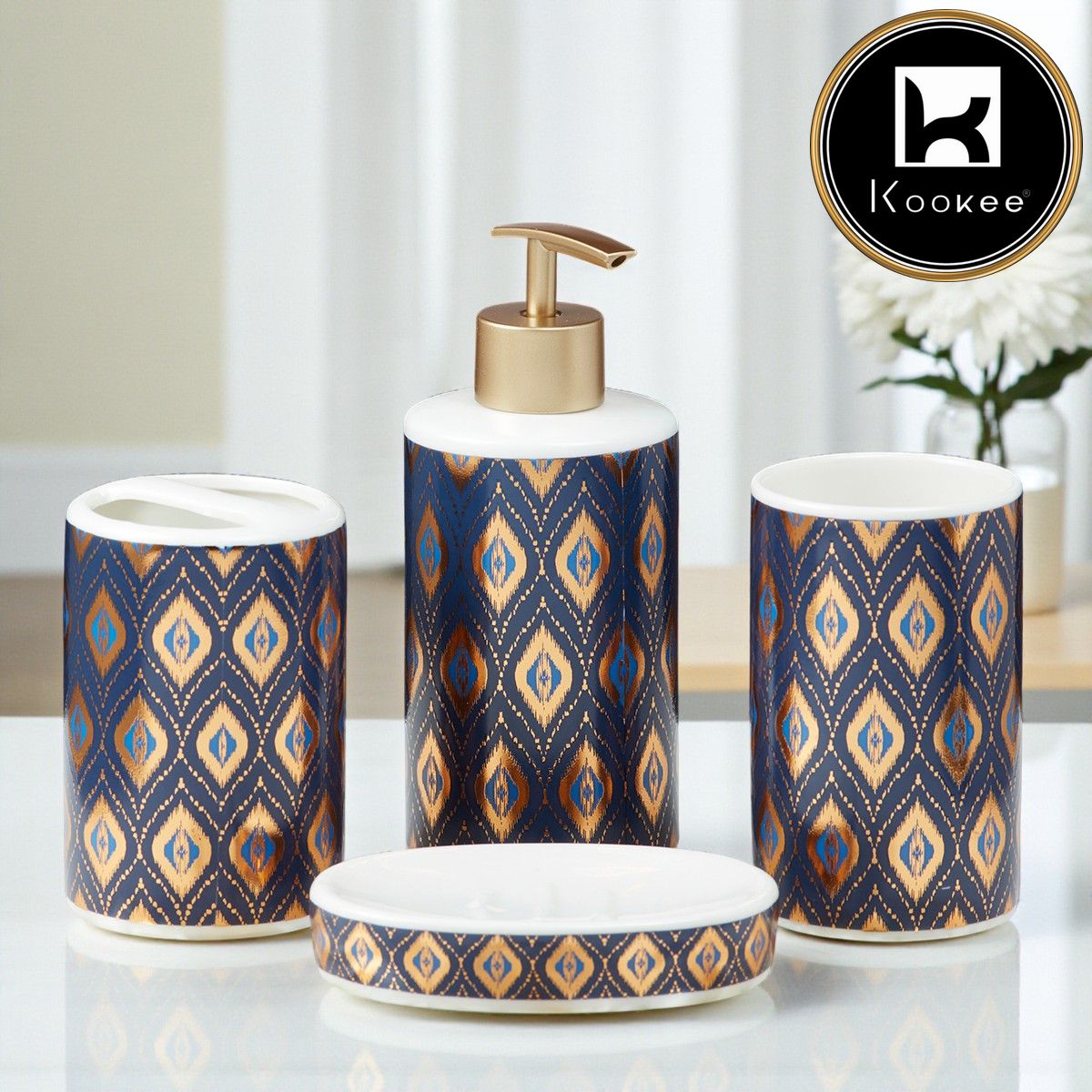Ceramic Bathroom Set of 4 with Soap Dispenser (10073)