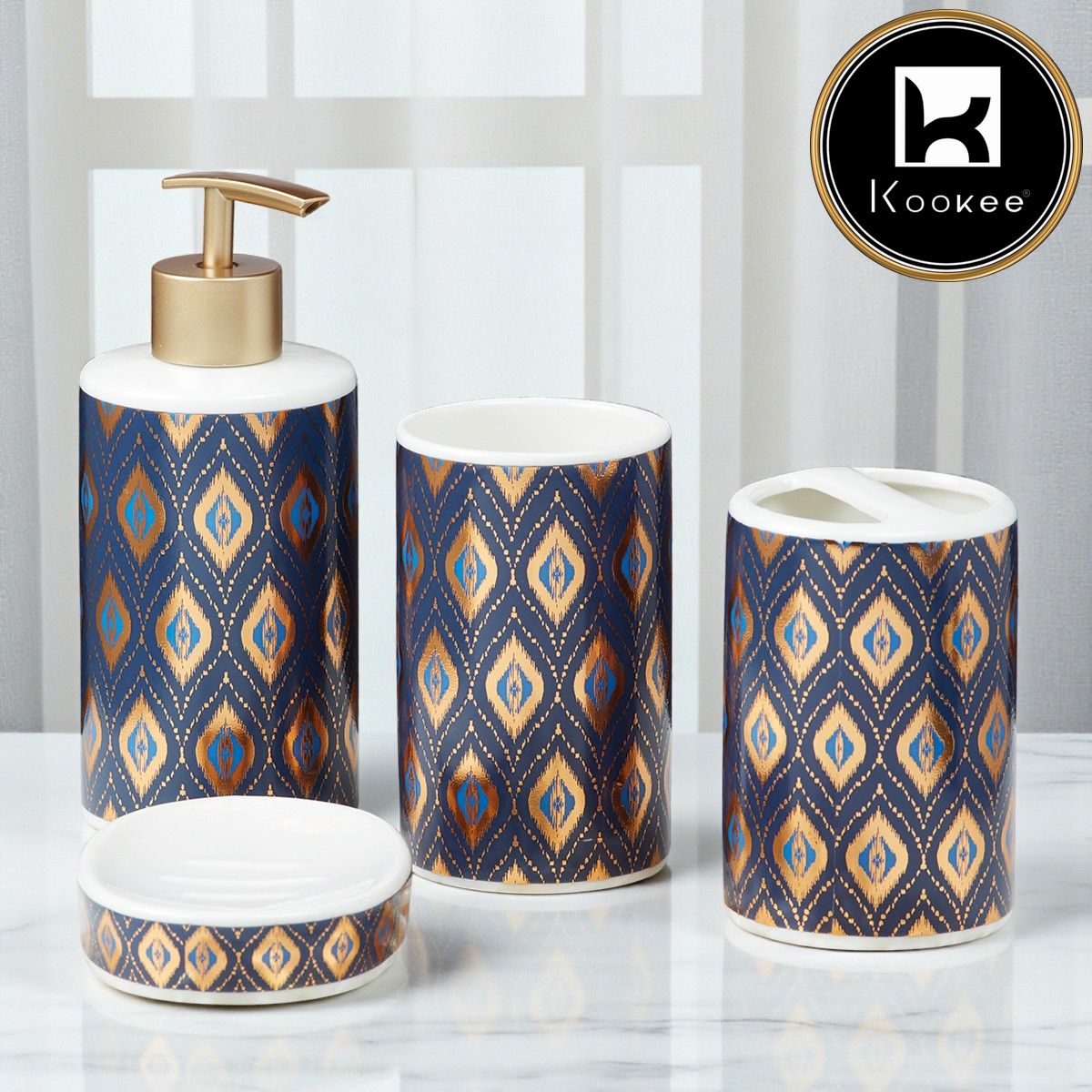 Kookee Ceramic Bathroom Set of 4 with Soap Dispenser (10073)