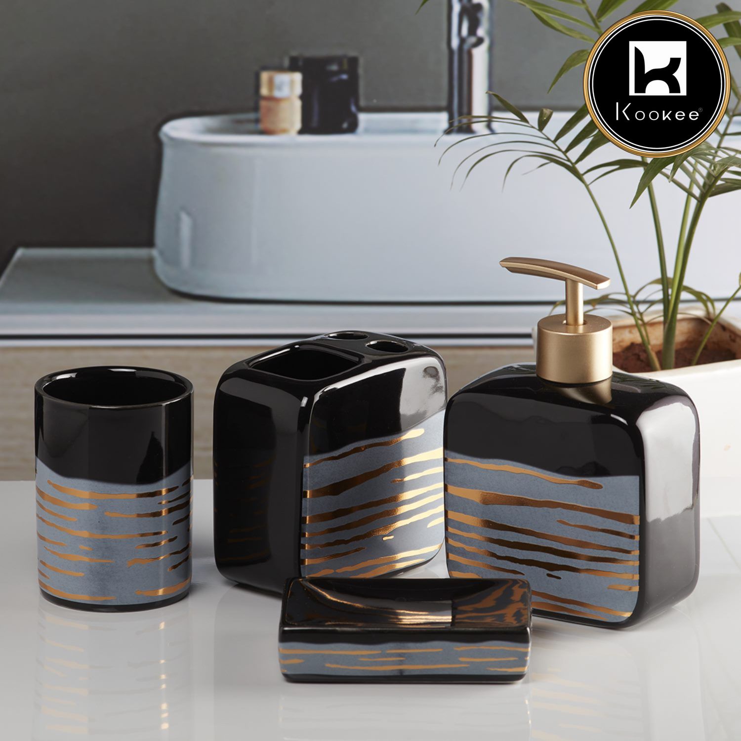 Ceramic Bathroom Set of 4 with Soap Dispenser (10074)