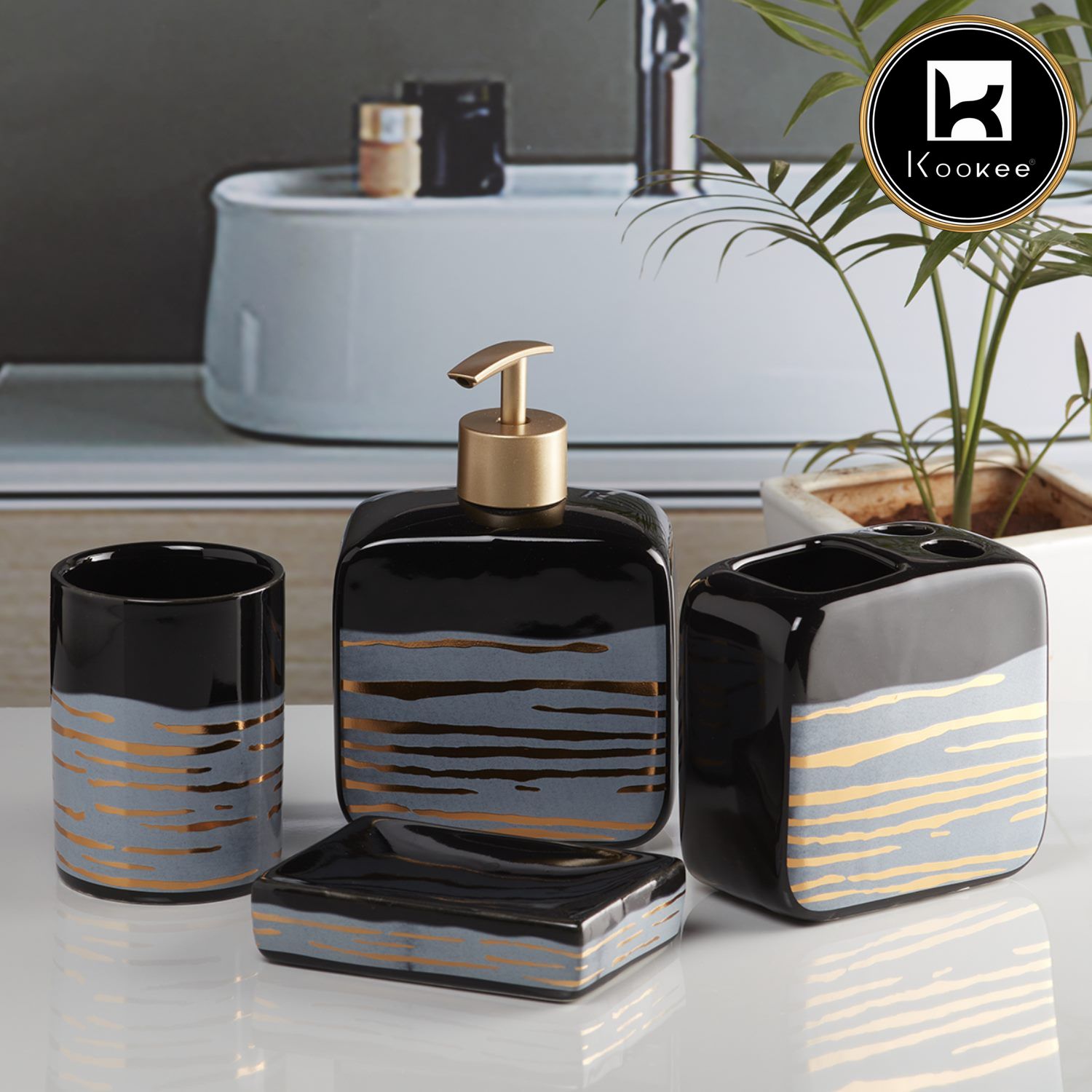 Ceramic Bathroom Set of 4 with Soap Dispenser (10074)