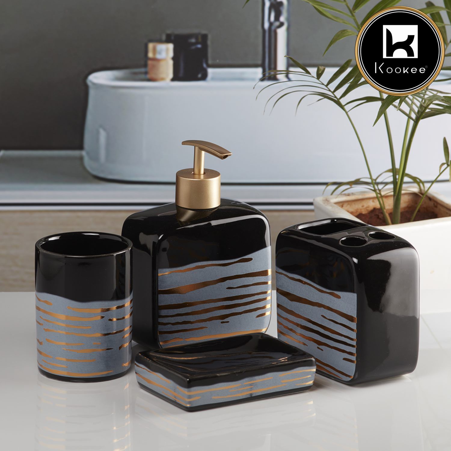 Ceramic Bathroom Set of 4 with Soap Dispenser (10074)
