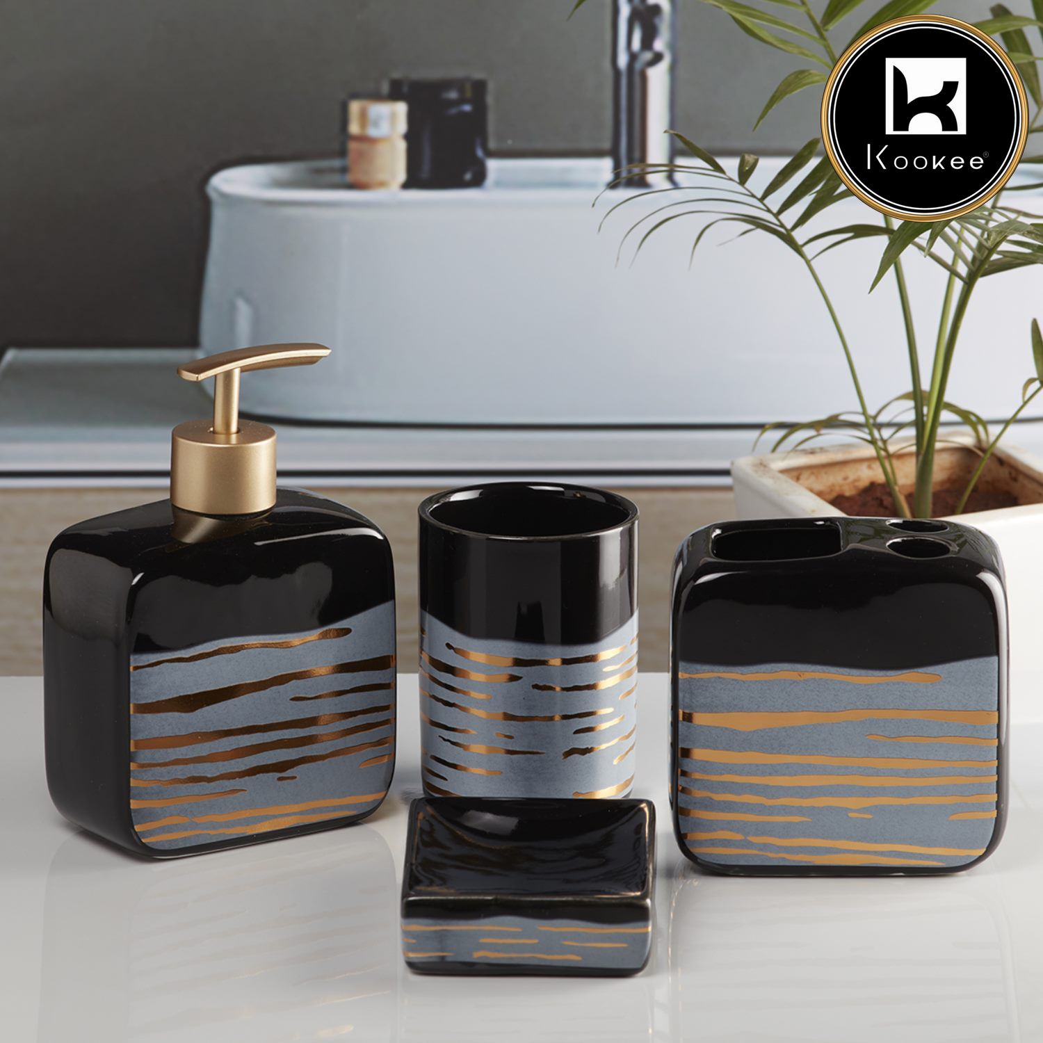 Ceramic Bathroom Set of 4 with Soap Dispenser (10074)