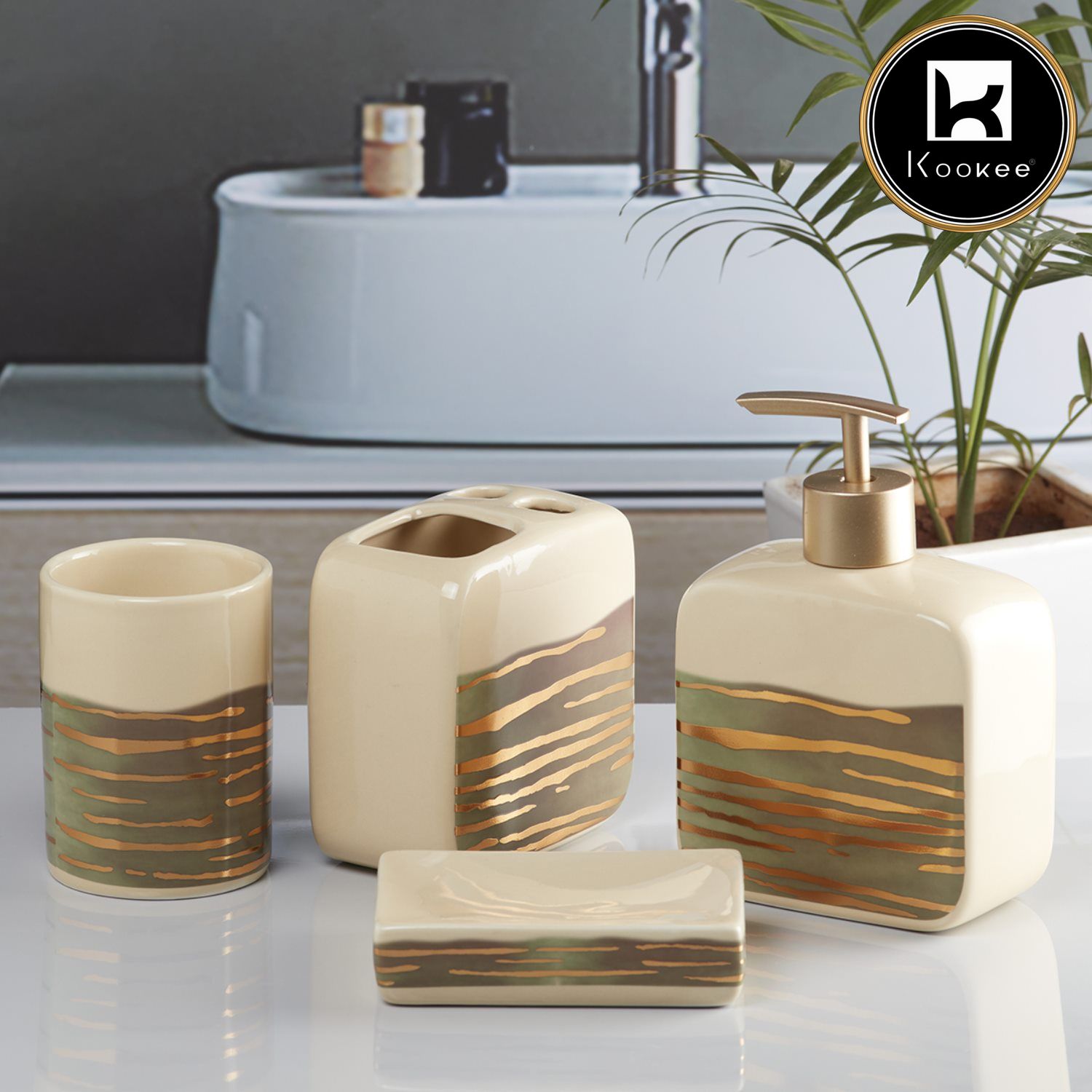 Ceramic Bathroom Set of 4 with Soap Dispenser (10075)