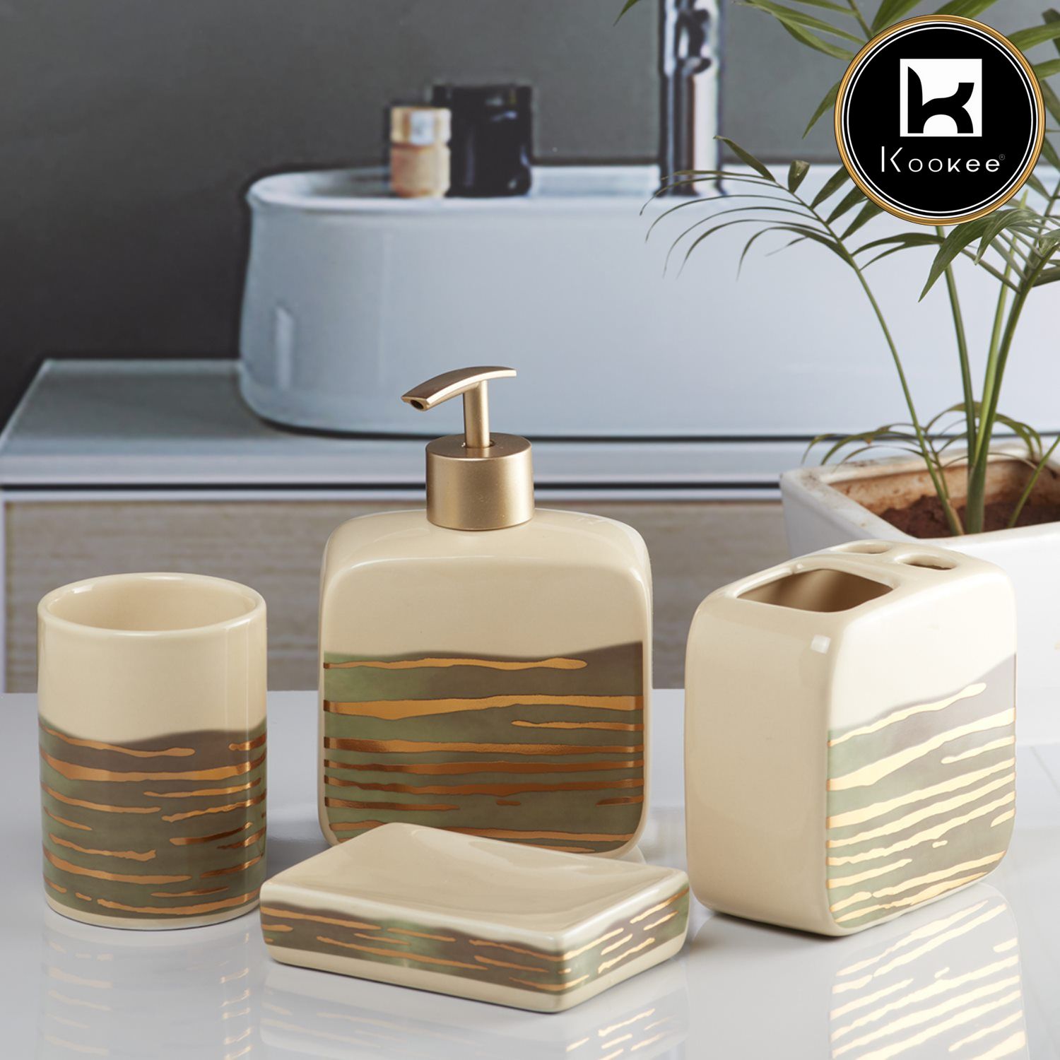 Ceramic Bathroom Set of 4 with Soap Dispenser (10075)