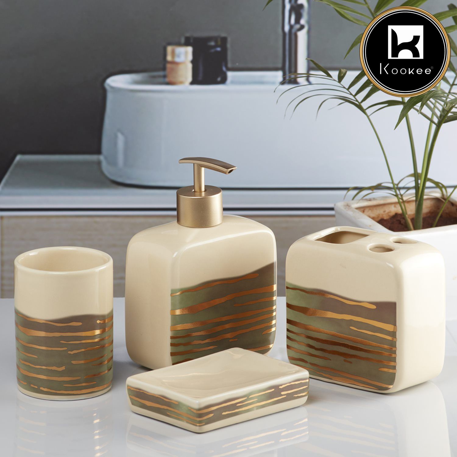 Ceramic Bathroom Set of 4 with Soap Dispenser (10075)