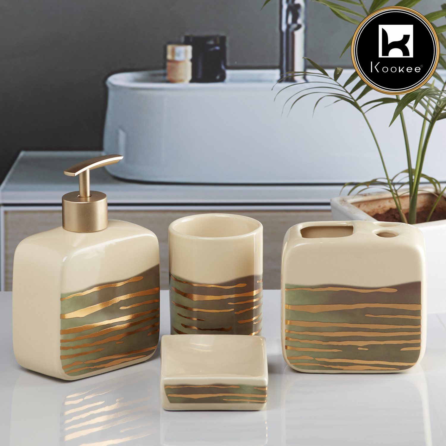 Ceramic Bathroom Set of 4 with Soap Dispenser (10075)