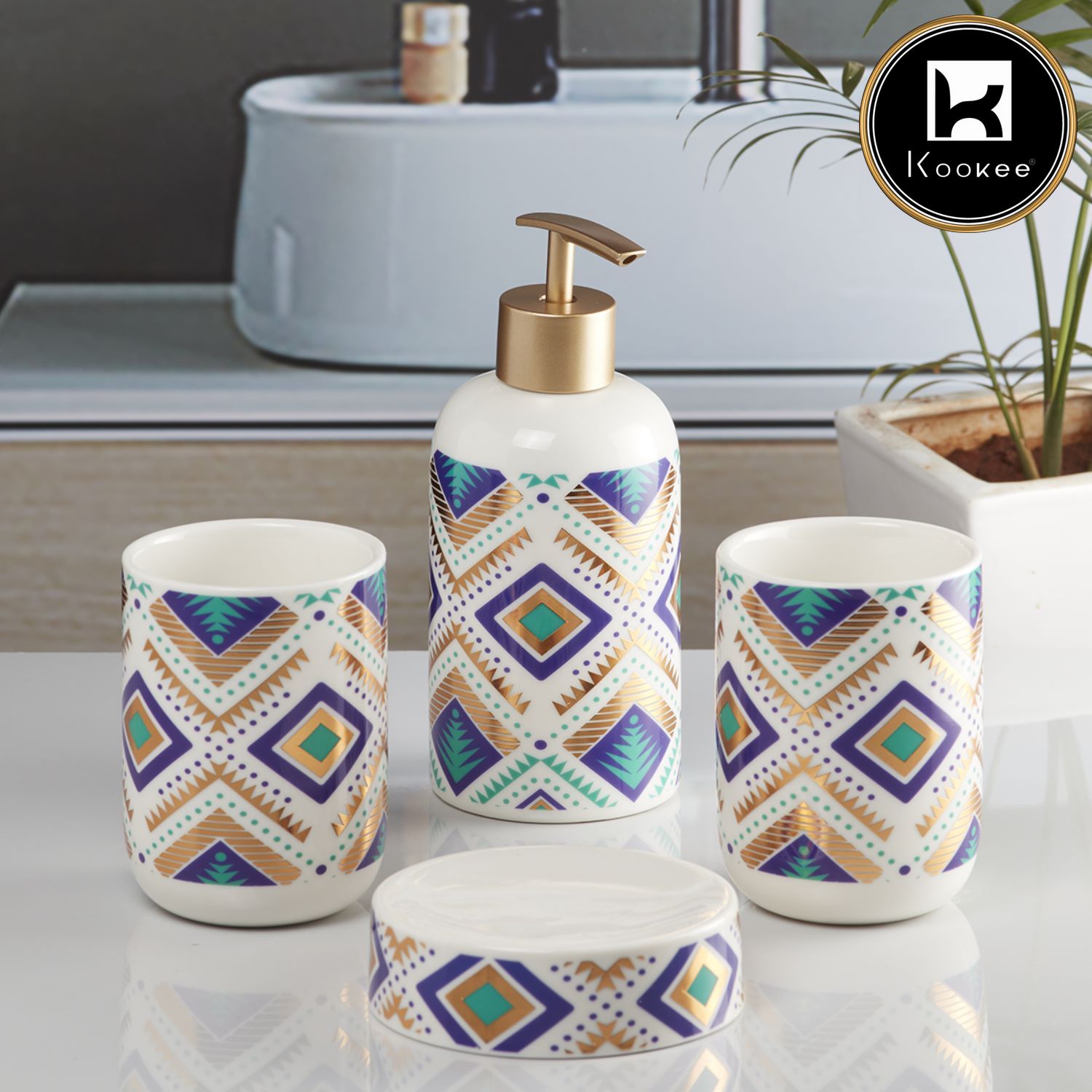 Ceramic Bathroom Set of 4 with Soap Dispenser (10076)