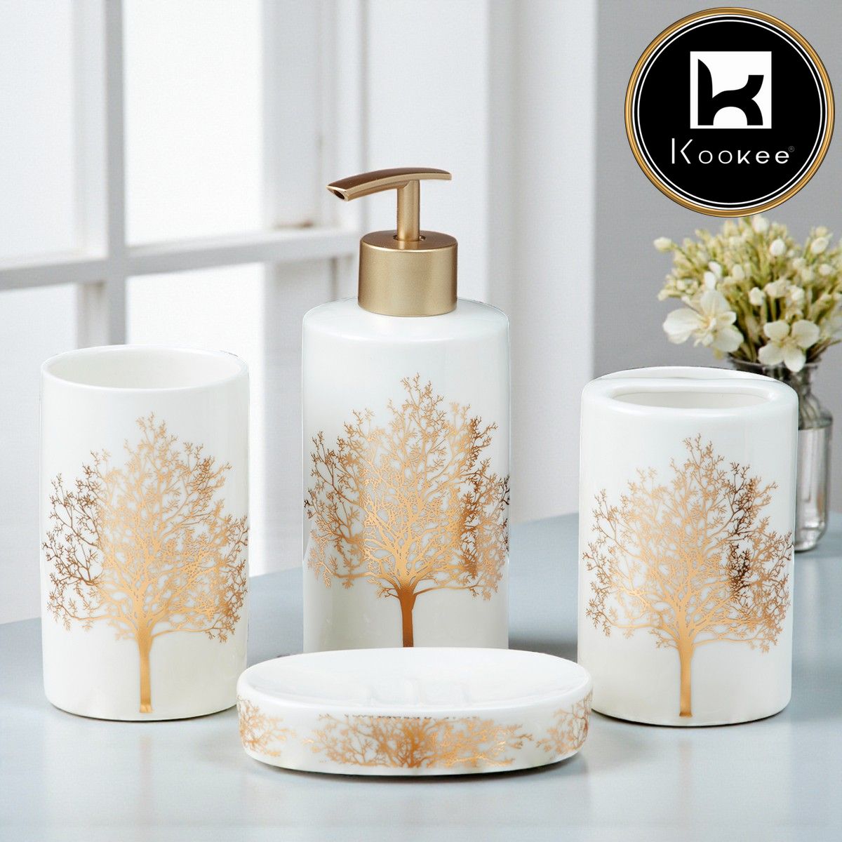 Ceramic Bathroom Accessories Set of 4 with Soap Dispenser (10077)