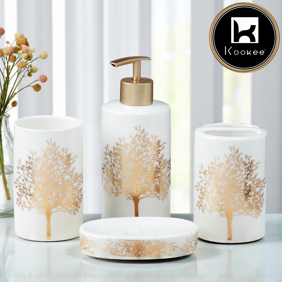 Ceramic Bathroom Accessories Set of 4 with Soap Dispenser (10077)