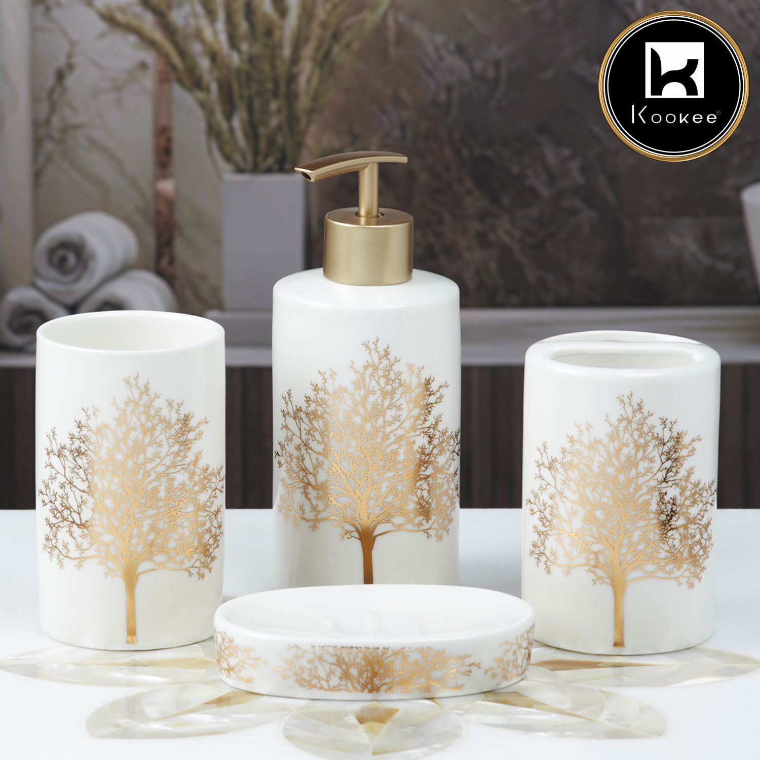 Ceramic Bathroom Accessories Set of 4 with Soap Dispenser (10077)