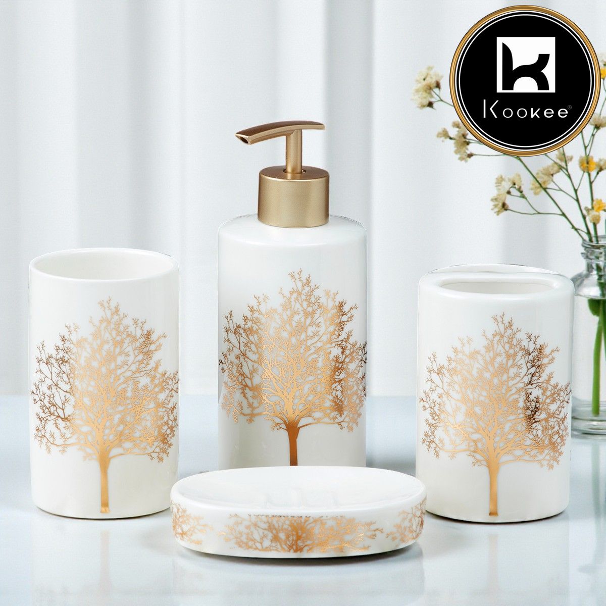 Ceramic Bathroom Accessories Set of 4 with Soap Dispenser (10077)