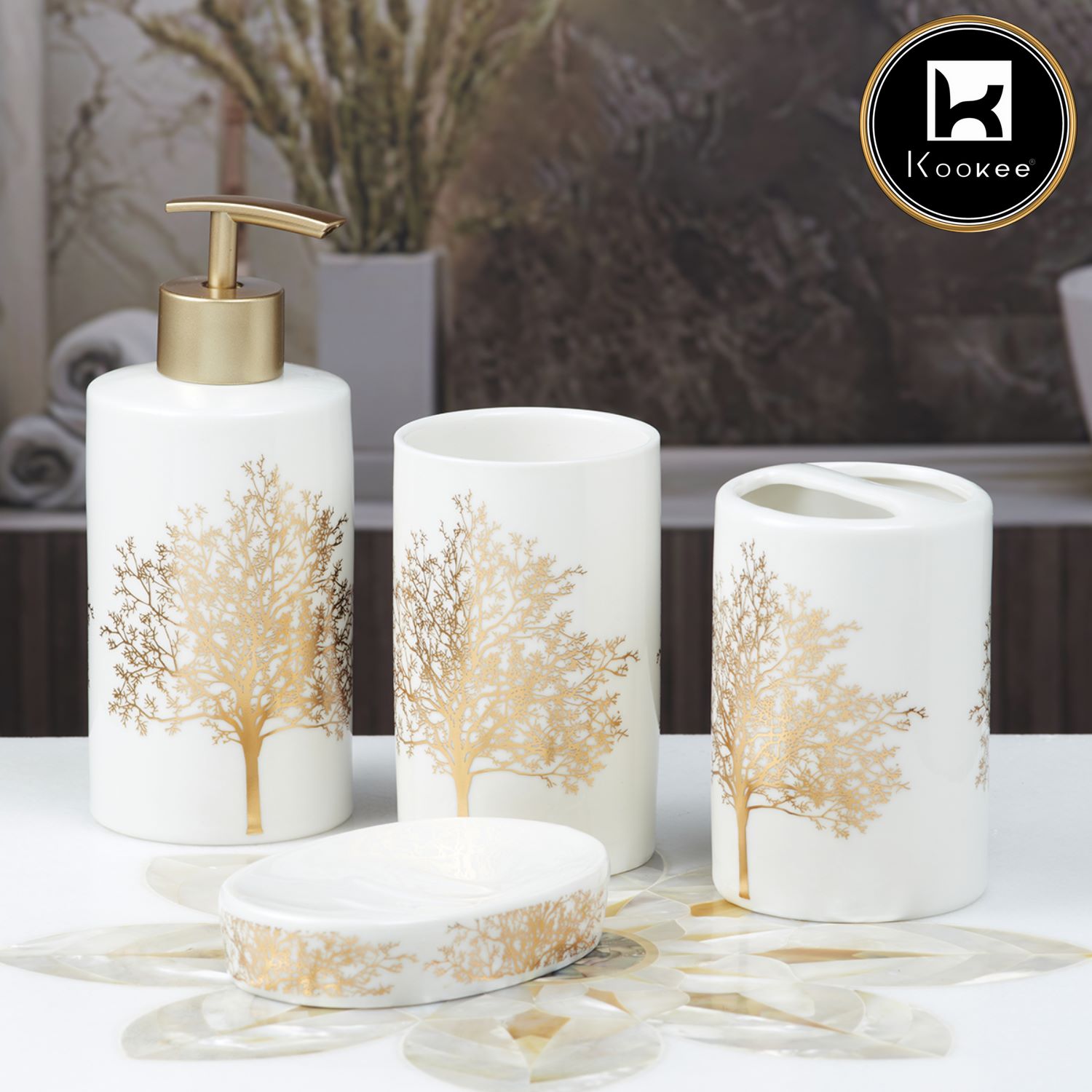 Kookee Ceramic Bathroom Accessories Set of 4, Modern Bath Set with Liquid handwash Soap Dispenser and Toothbrush holder, Luxury Gift Accessory for Home, White/Gold