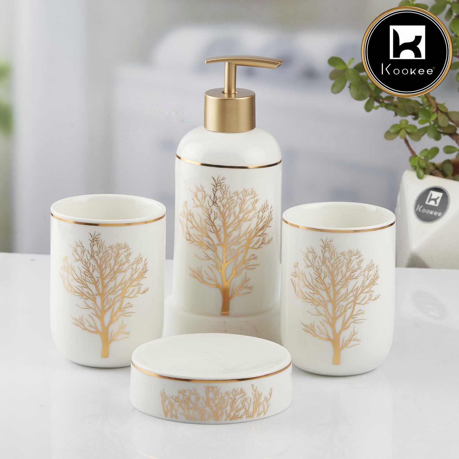 Ceramic Bathroom Accessories Set of 4 with Soap Dispenser (10079)