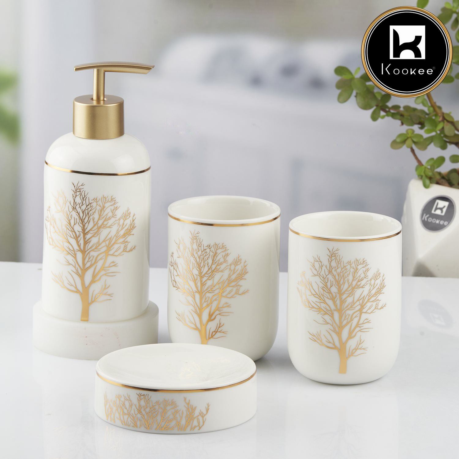 Kookee Ceramic Bathroom Accessories Set of 4, Modern Bath Set with Liquid handwash Soap Dispenser and Toothbrush holder, Luxury Gift Accessory for Home, White/Gold