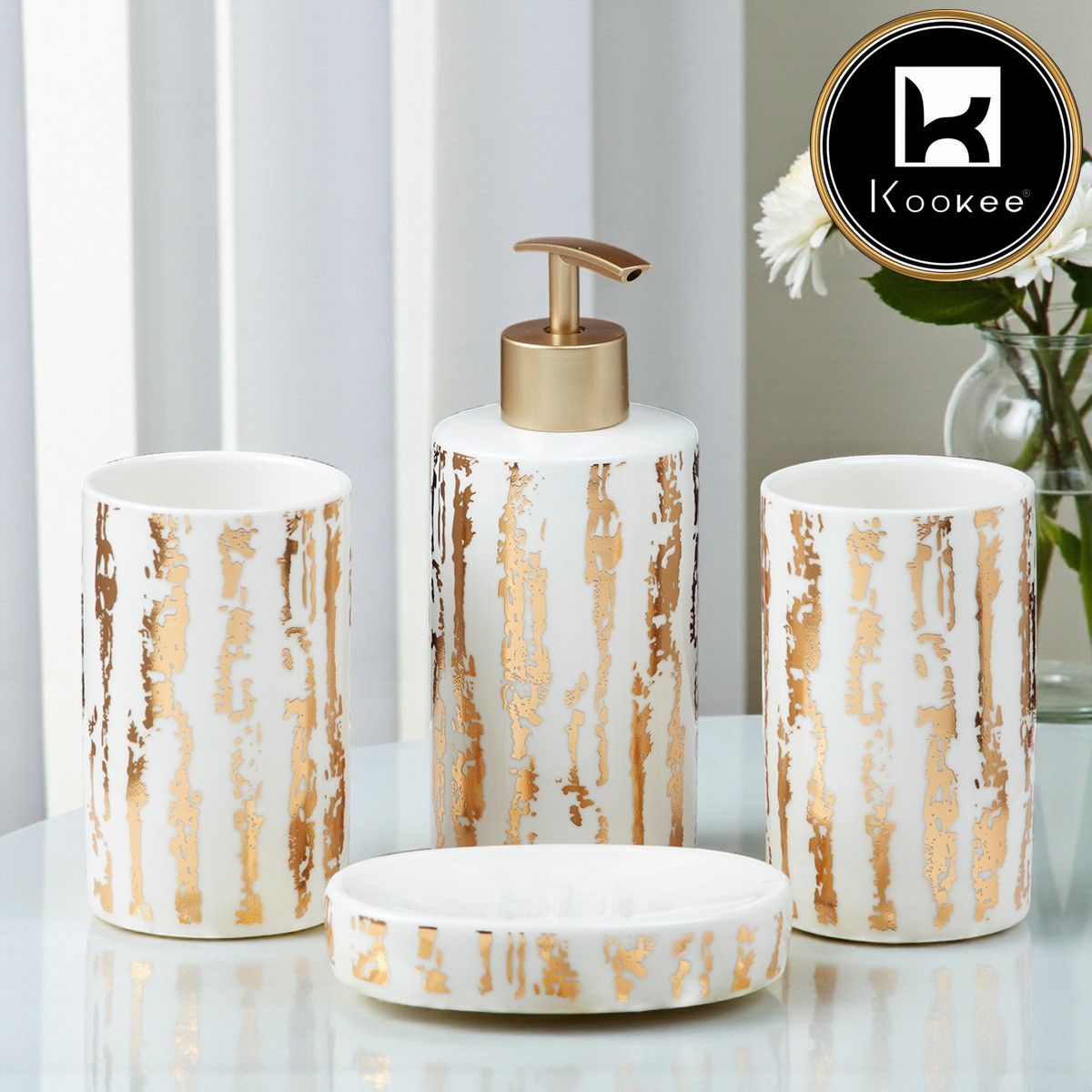 Ceramic Bathroom Set of 4 with Soap Dispenser (10080)