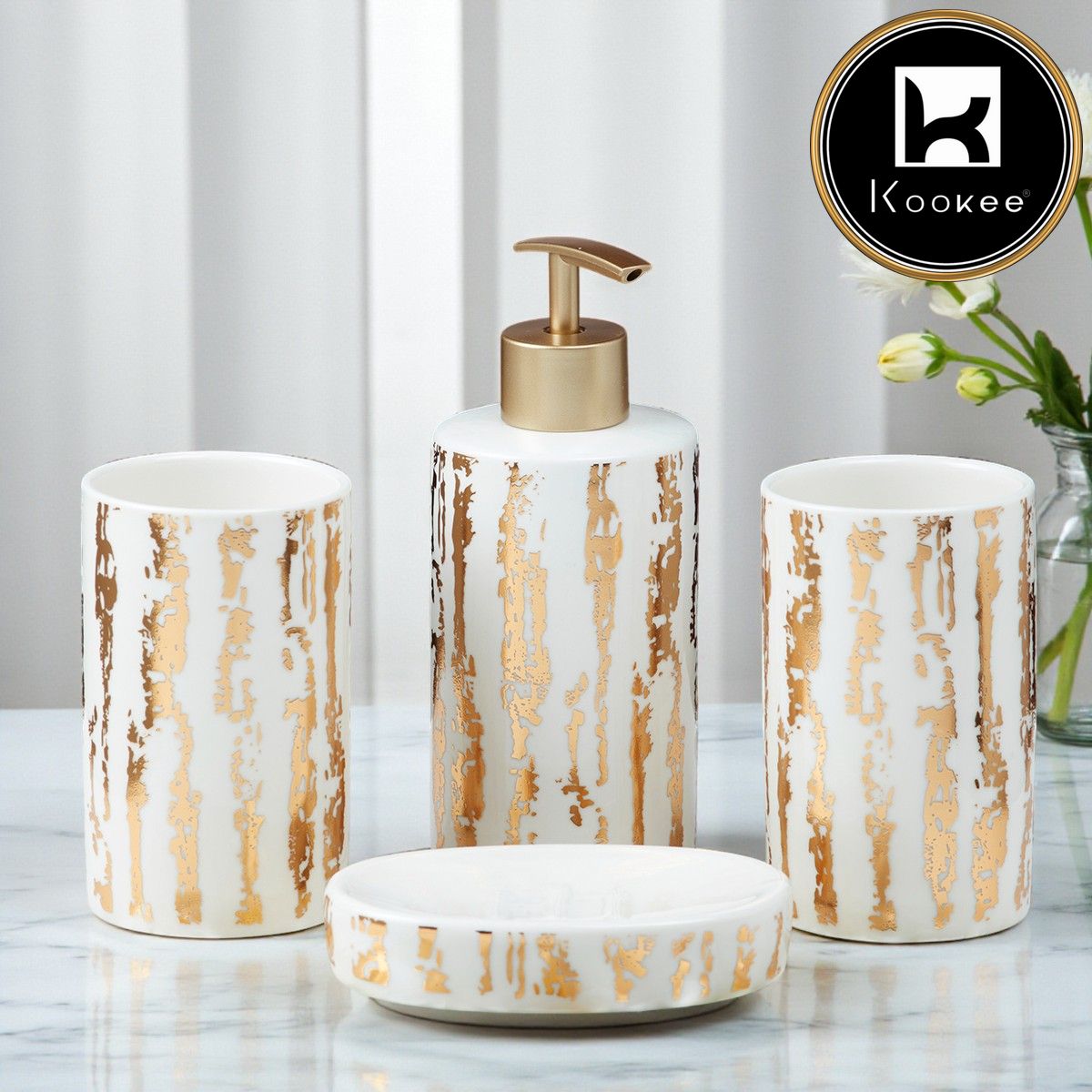 Ceramic Bathroom Set of 4 with Soap Dispenser (10080)