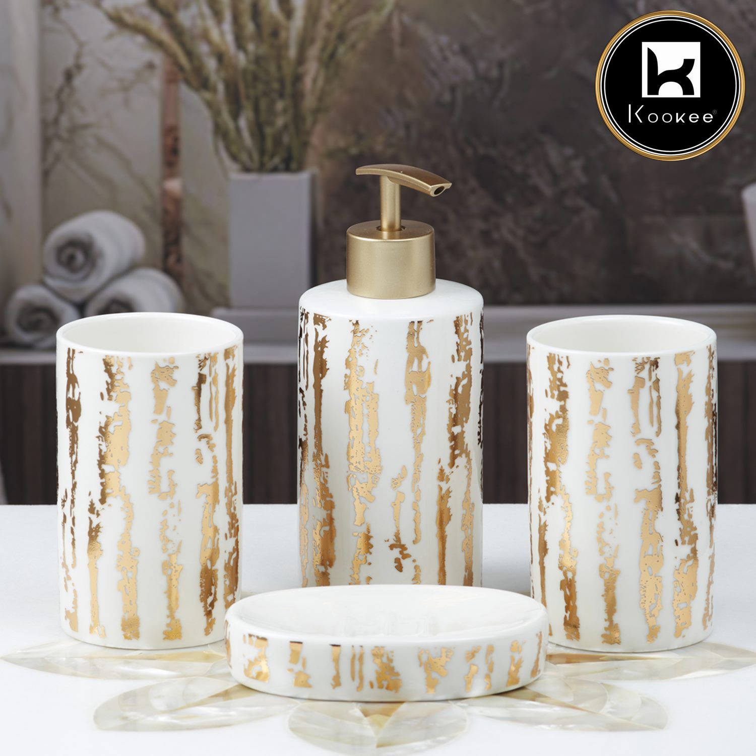 Ceramic Bathroom Set of 4 with Soap Dispenser (10080)