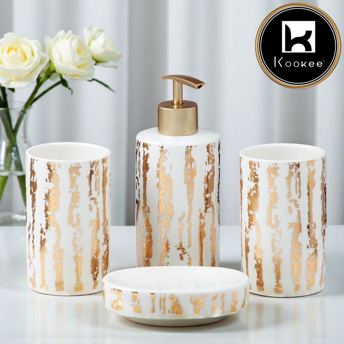 Ceramic Bathroom Set of 4 with Soap Dispenser (10080)